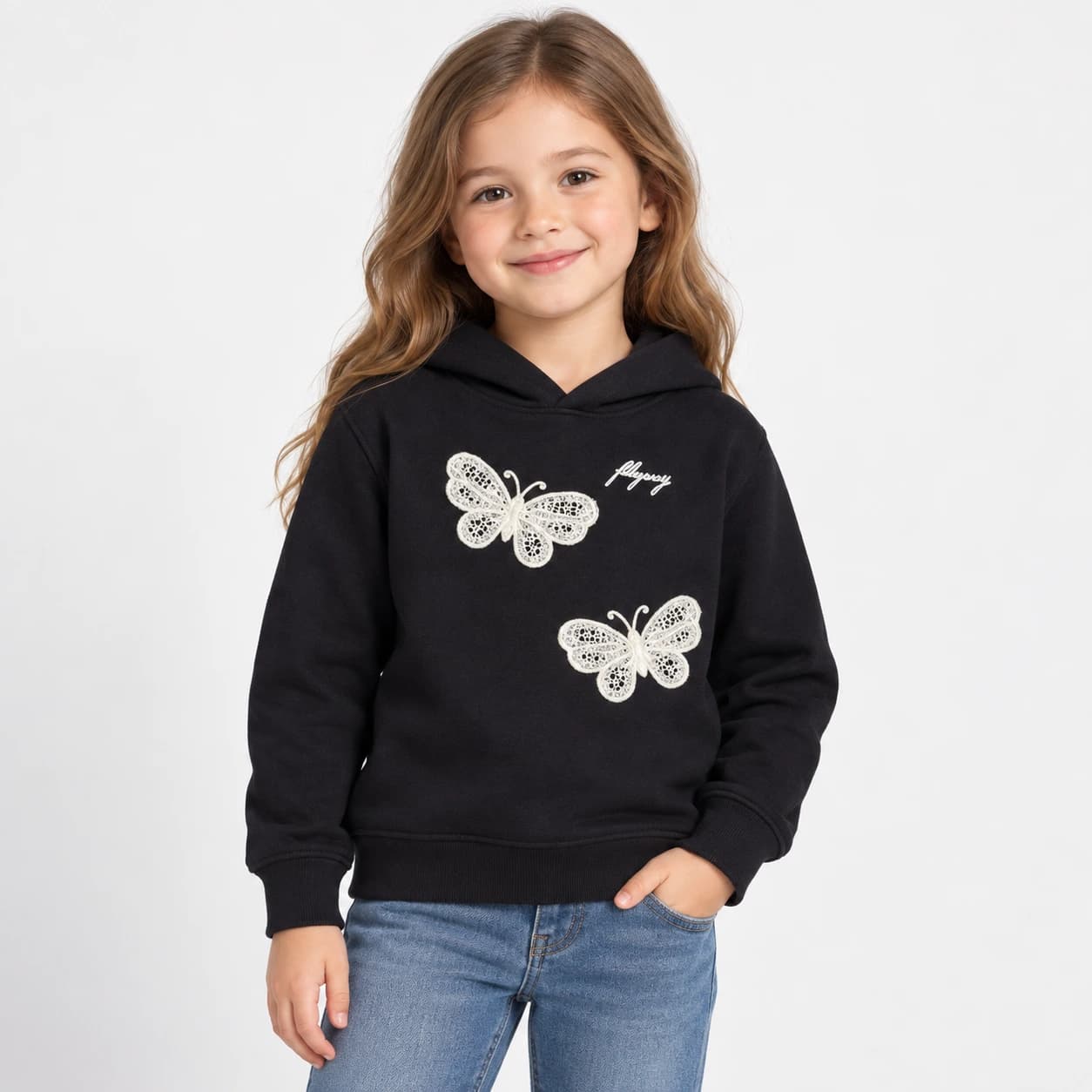 3210 toptan kapüşonlu ve kelebek desenli CMK marka çocuk kapüşonlu sweatshirt, 3/12 yaş kız çocuk için
