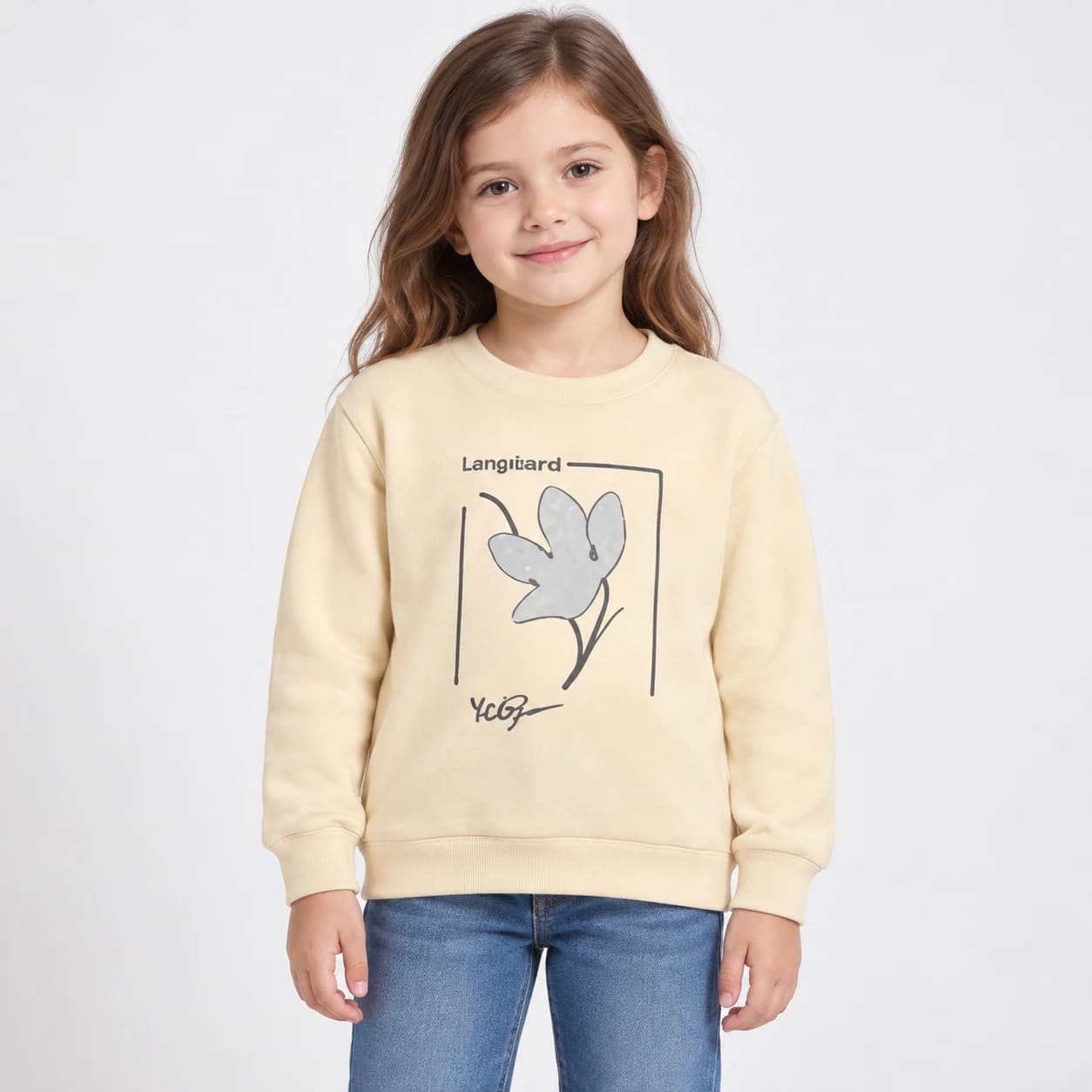 2605 toptan 3-12 yaş arası kız çocukları için "Longisland" baskısı ve stilize edilmiş bir çiçek desenli sweatshirt