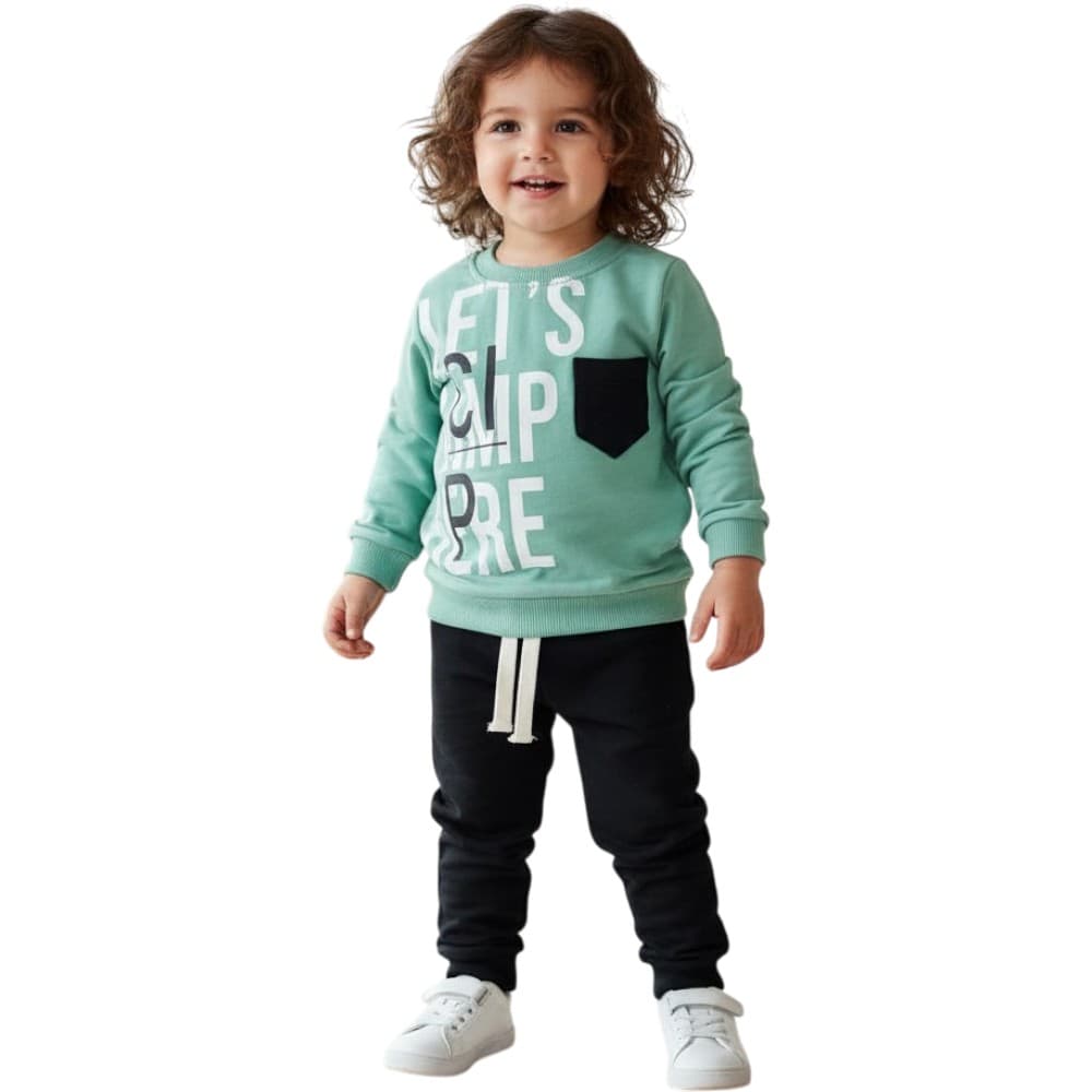 Toptan 9-12-18-24 Aylık Erkek Çocuk Baskılı Sweatshirt ve Eşofman Takımı (2'li Set)