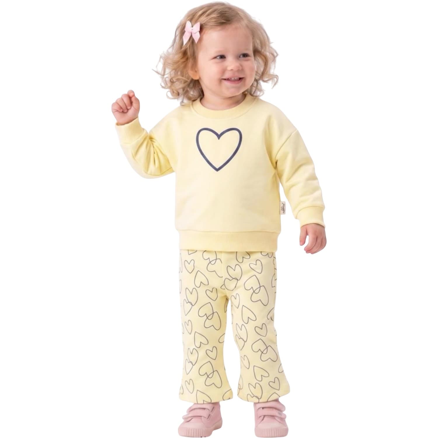 Toptan Kız Çocuk Kalp nakışlı Sweatshirt ve Geniş Paça Pantolondan Oluşan Mevsimlik İkili Takım