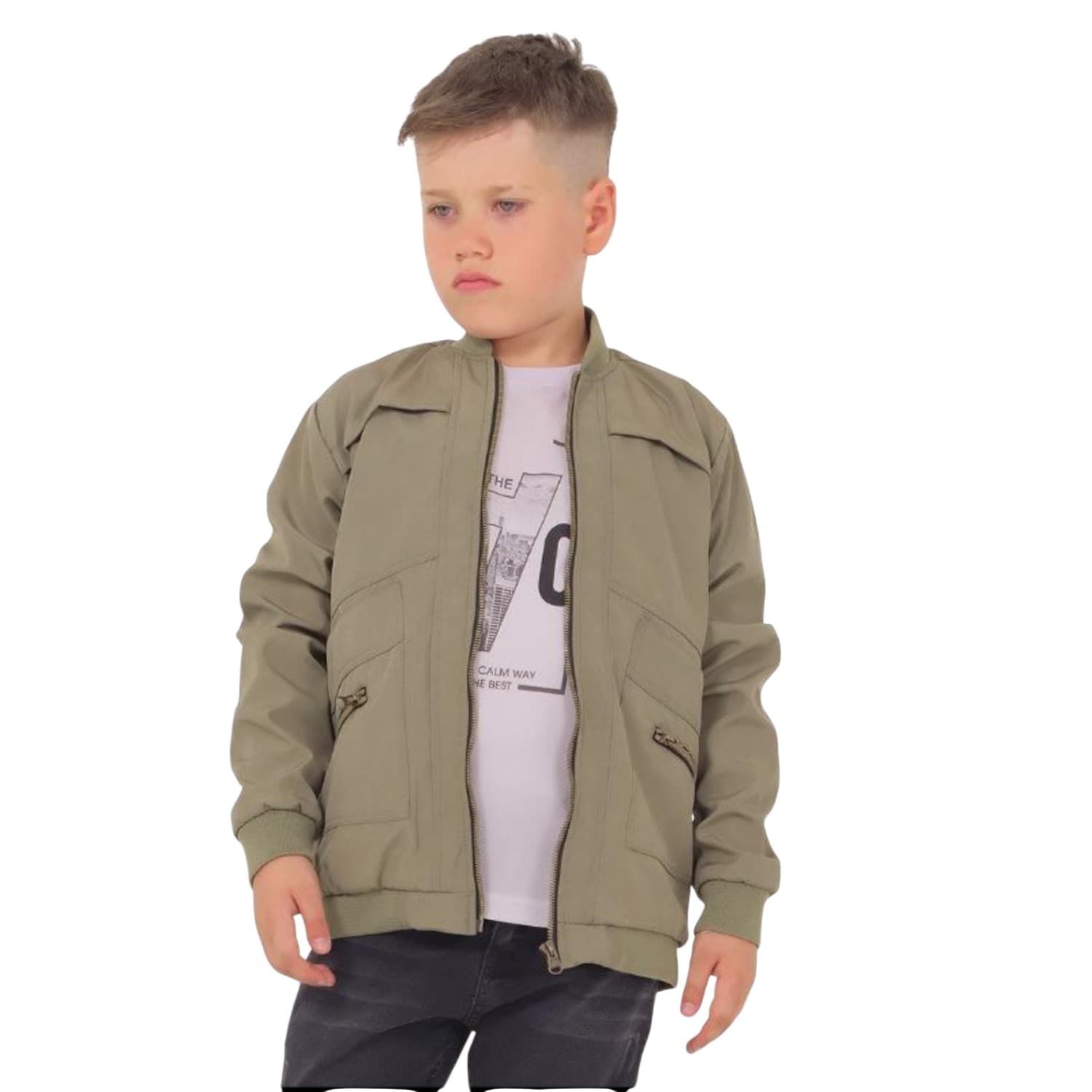 Erkek Çocuk Bomber Ceketli, Yazı Baskılı Tişört ve Kot Pantolonlu 3'lü Takım