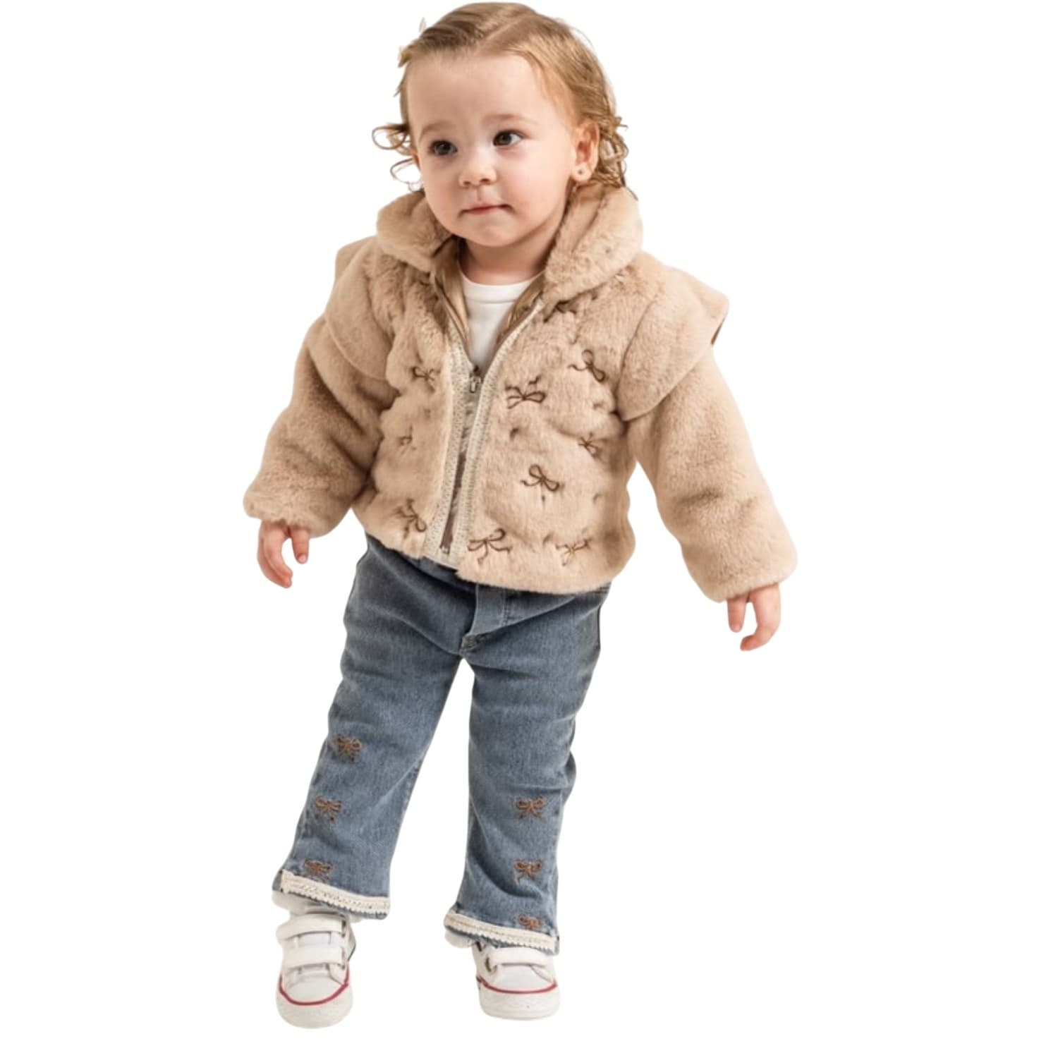 Kız Bebek / Çocuk Fiyonk Nakışlı ve Fırfırlı Peluş Montlu, Pamuklu Üst ve Fiyonk Detaylı Kot Pantolonlu 3'lü Takım
