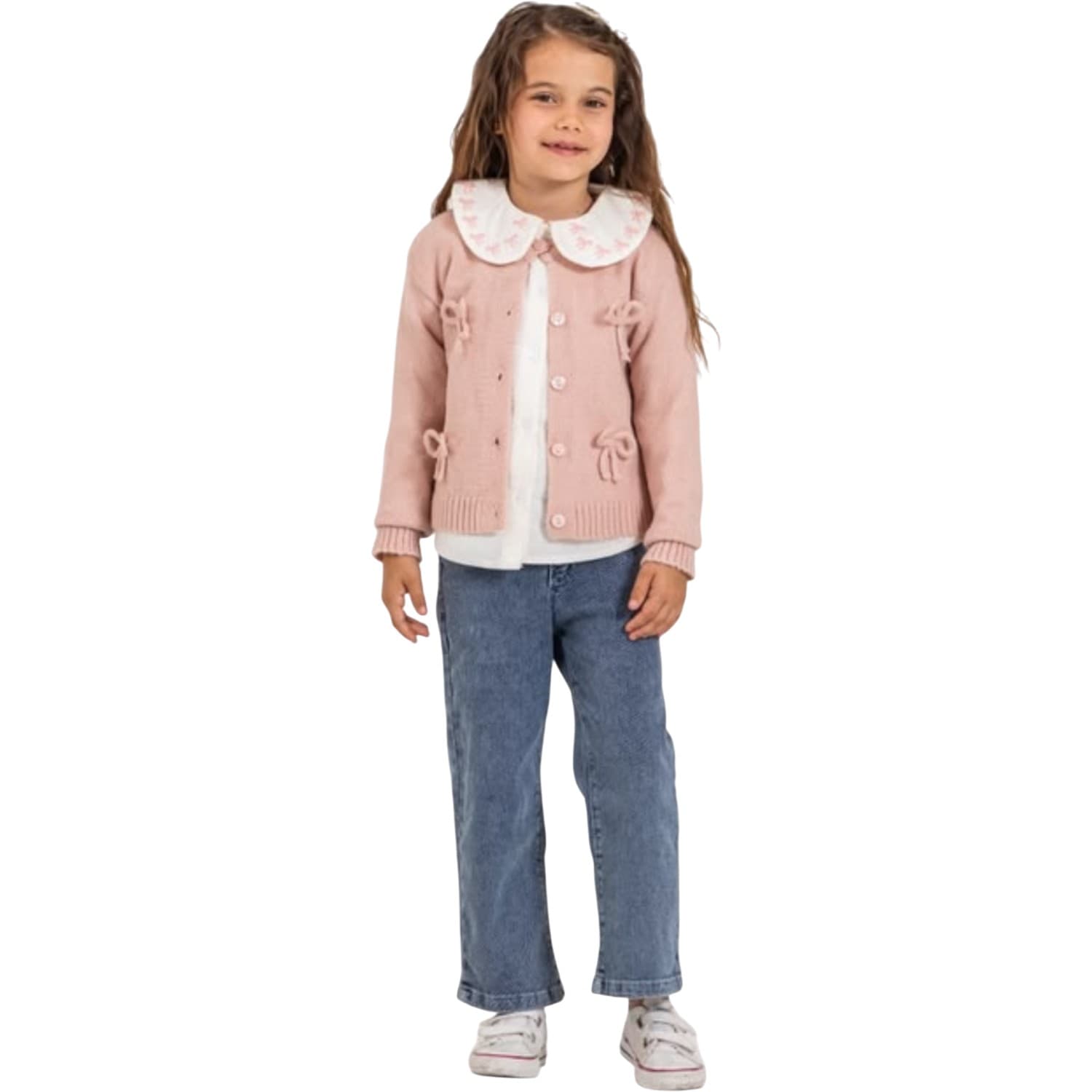 Kız Çocuk Fiyonk Detaylı Triko Hırkalı, Nakışlı Bebe Yaka Gömlek ve Kot Pantolonlu 3'lü Takım