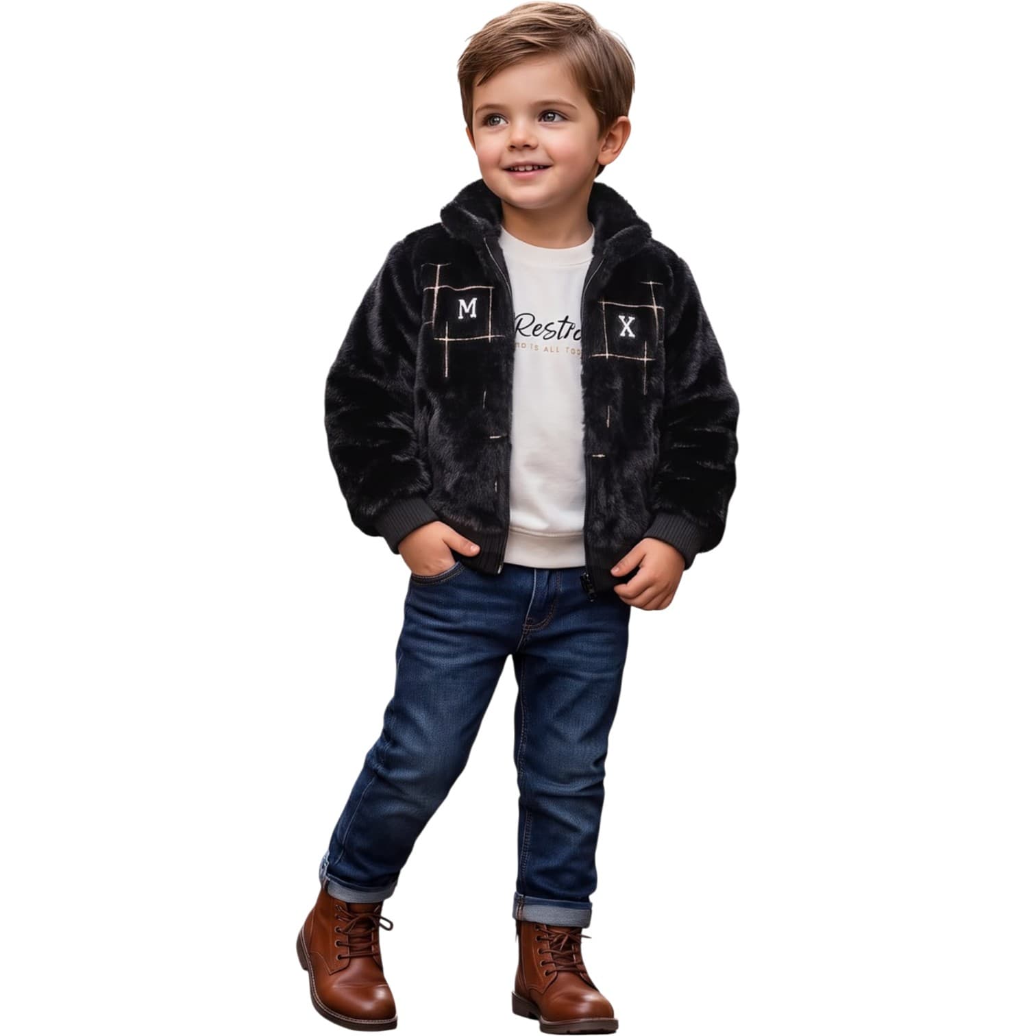 Erkek Çocuk Nakış Detaylı Peluş Ceketli, Yazı Baskılı Sweatshirt ve Kot Pantolonlu 3'lü Takım