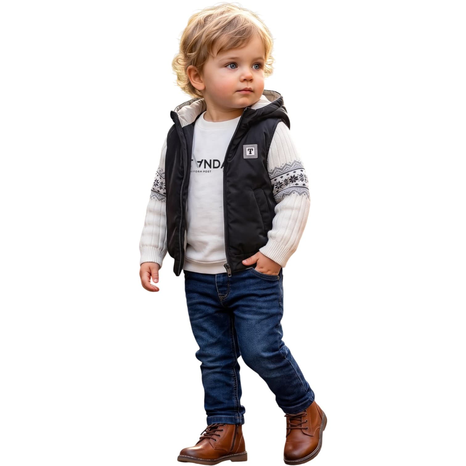 Erkek Çocuk Kapüşonlu Şişme Yelekli, Kol Desenli Sweatshirt ve Kot Pantolonlu 3'lü Takım