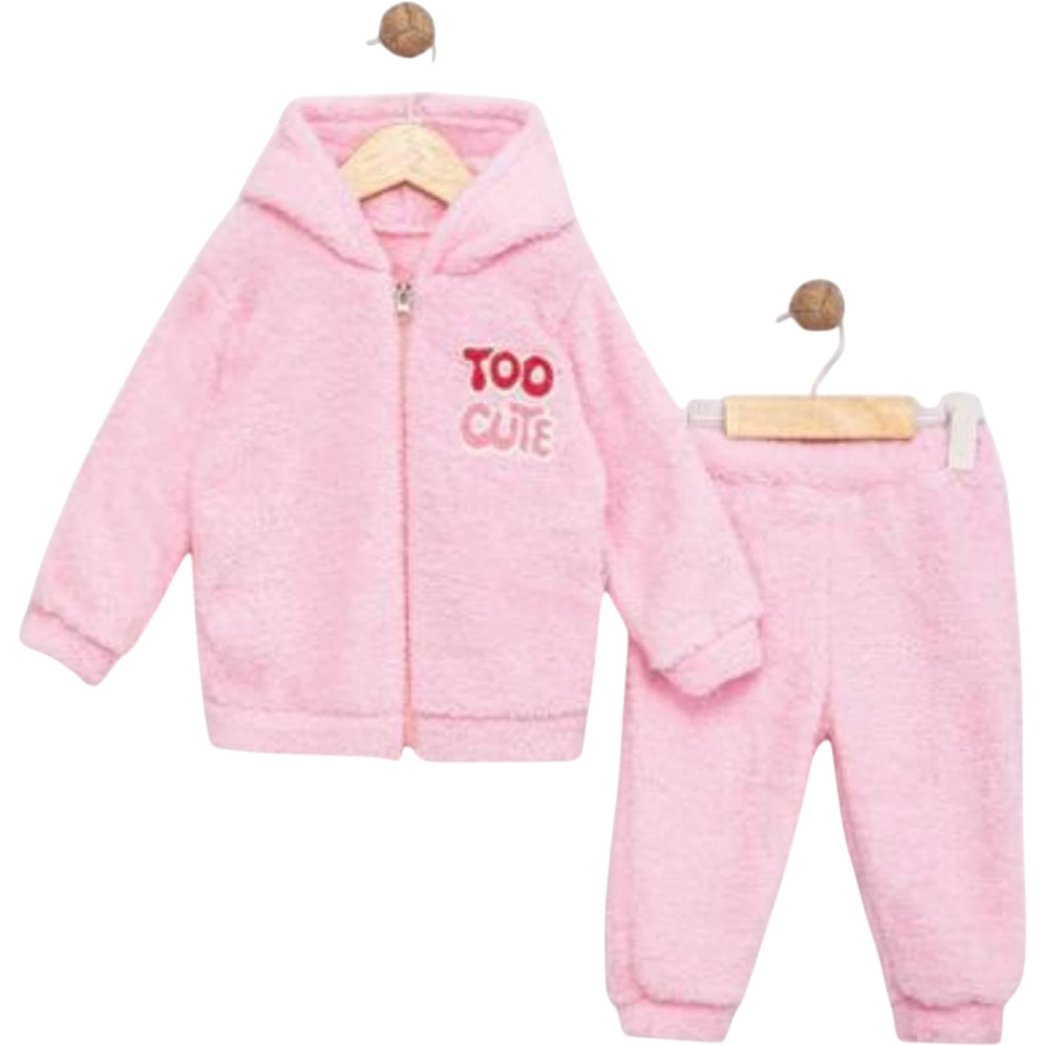 Toptan 12-18-24 Aylık Kız Bebek & Çocuk "Too Cute" Yazılı Kapüşonlu Pembe ve Pudra Peluş İkili Takım