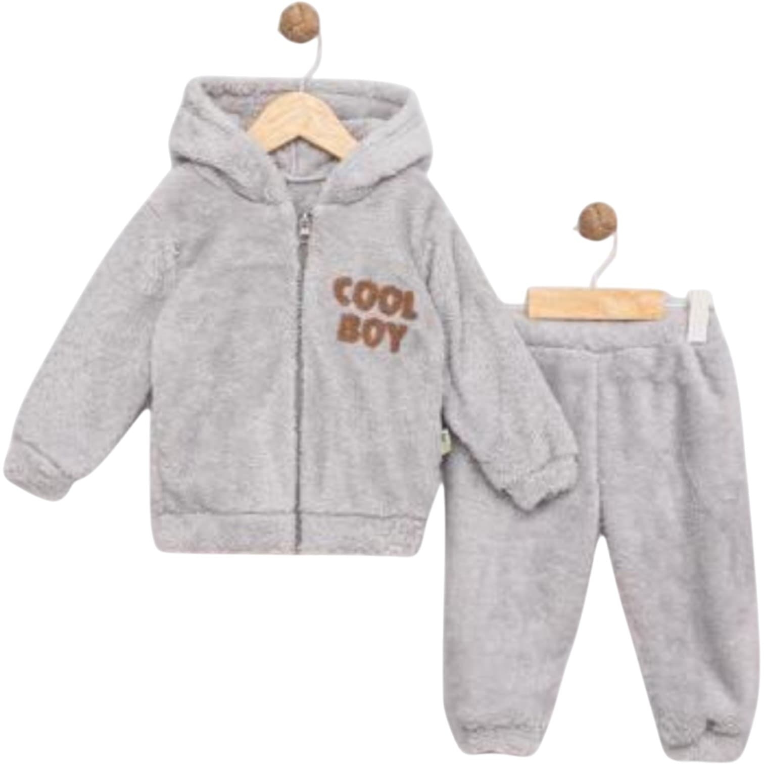 Toptan 12-18-24 Aylik Erkek Bebek  "Cool Boy" Yazılı Kapüşonlu Peluş İkili Takım