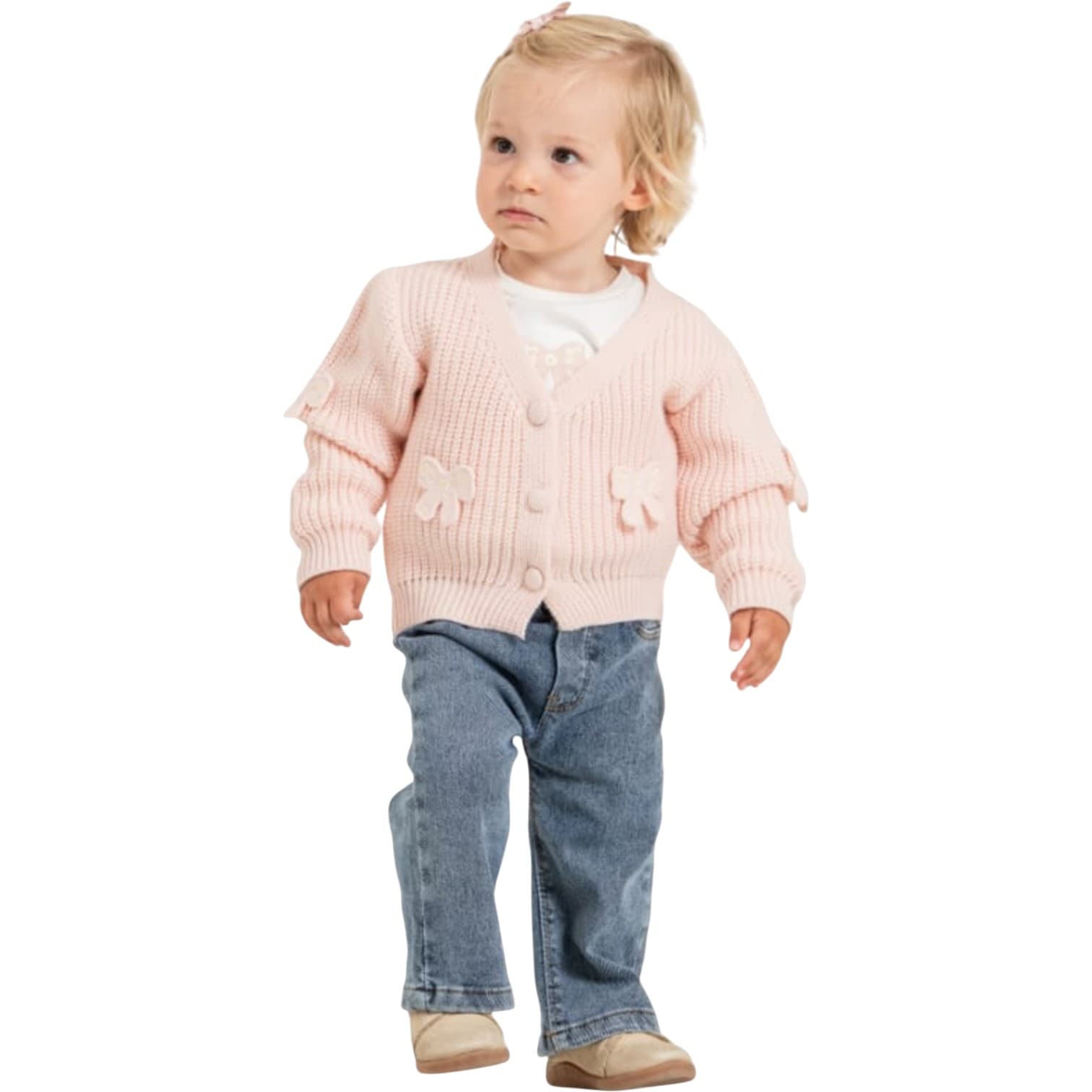 Toptan 2-3-4-5 Yaş Kız Çocuk Fiyonk Aplikeli Pudra, Açık Pembe ,Krem Rengi Örgü Hırkalı,Beyaz Badi ve Kot Takım