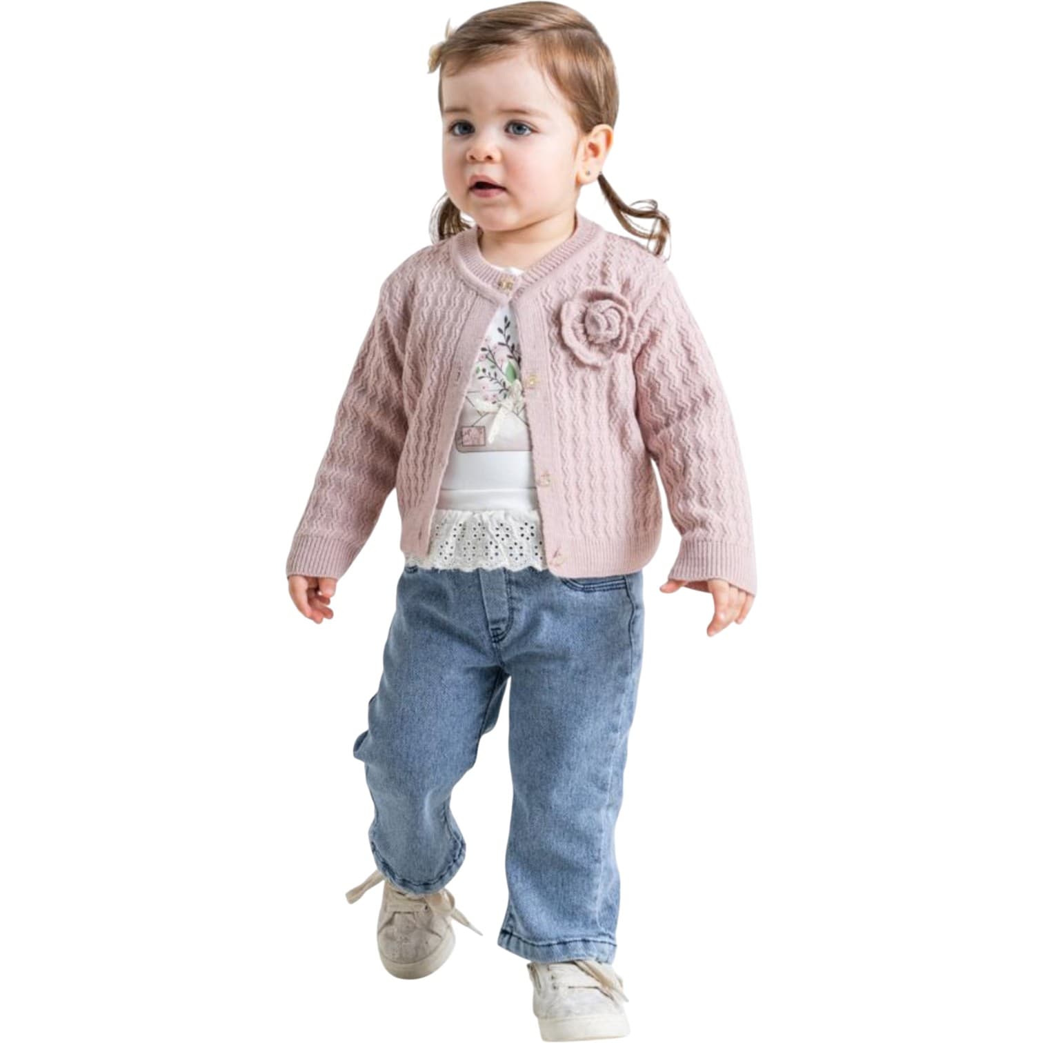 Toptan 9-12-18-24 Aylık Kız Bebek Çiçek Detaylı Pudra, Pembe,Ekru Renk Hırkalı 3'lü Kot Takım