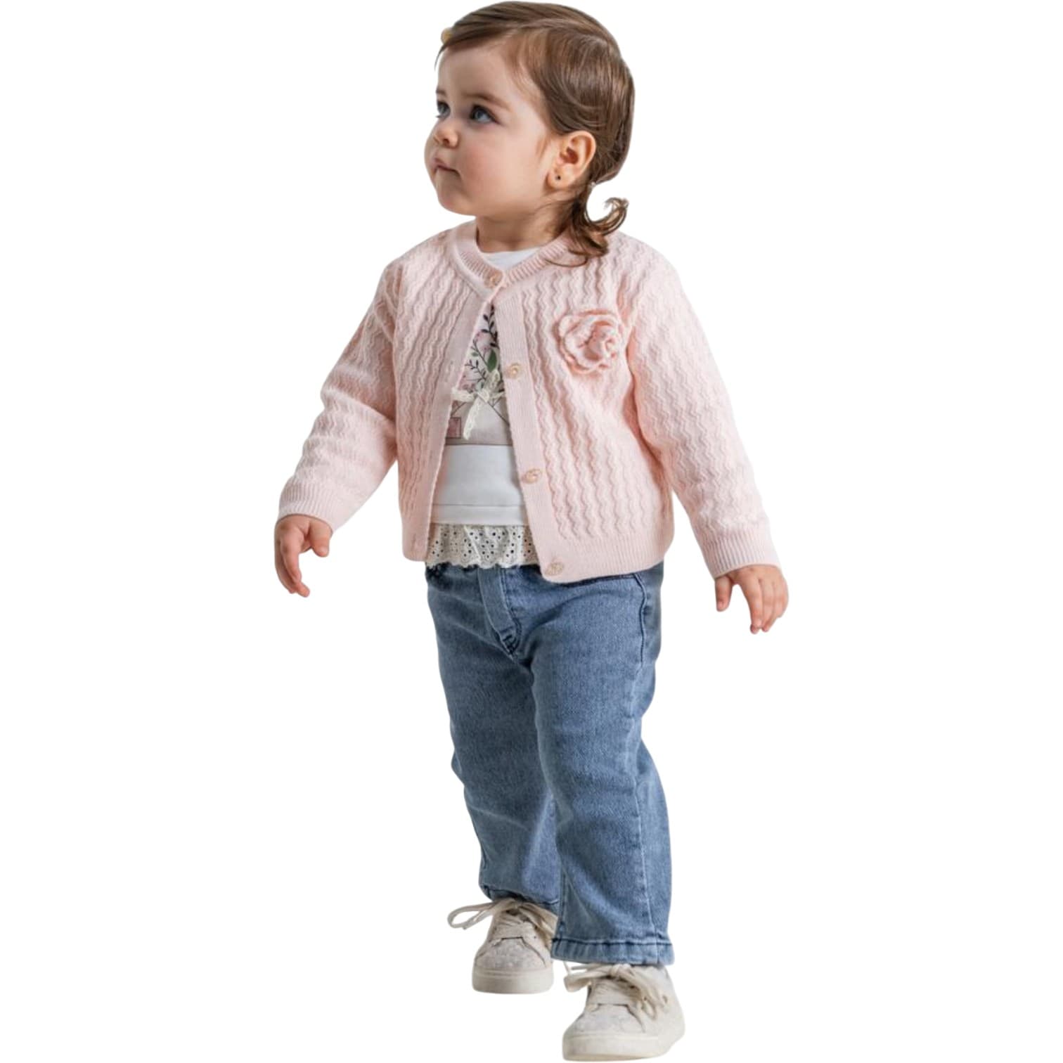 Toptan Kız Bebek Çiçek Detaylı Pudra, Pembe,Ekru Renk Hırkalı 3'lü Kot Takım 2-3-4-5 Yaş Kız Çocuklar için