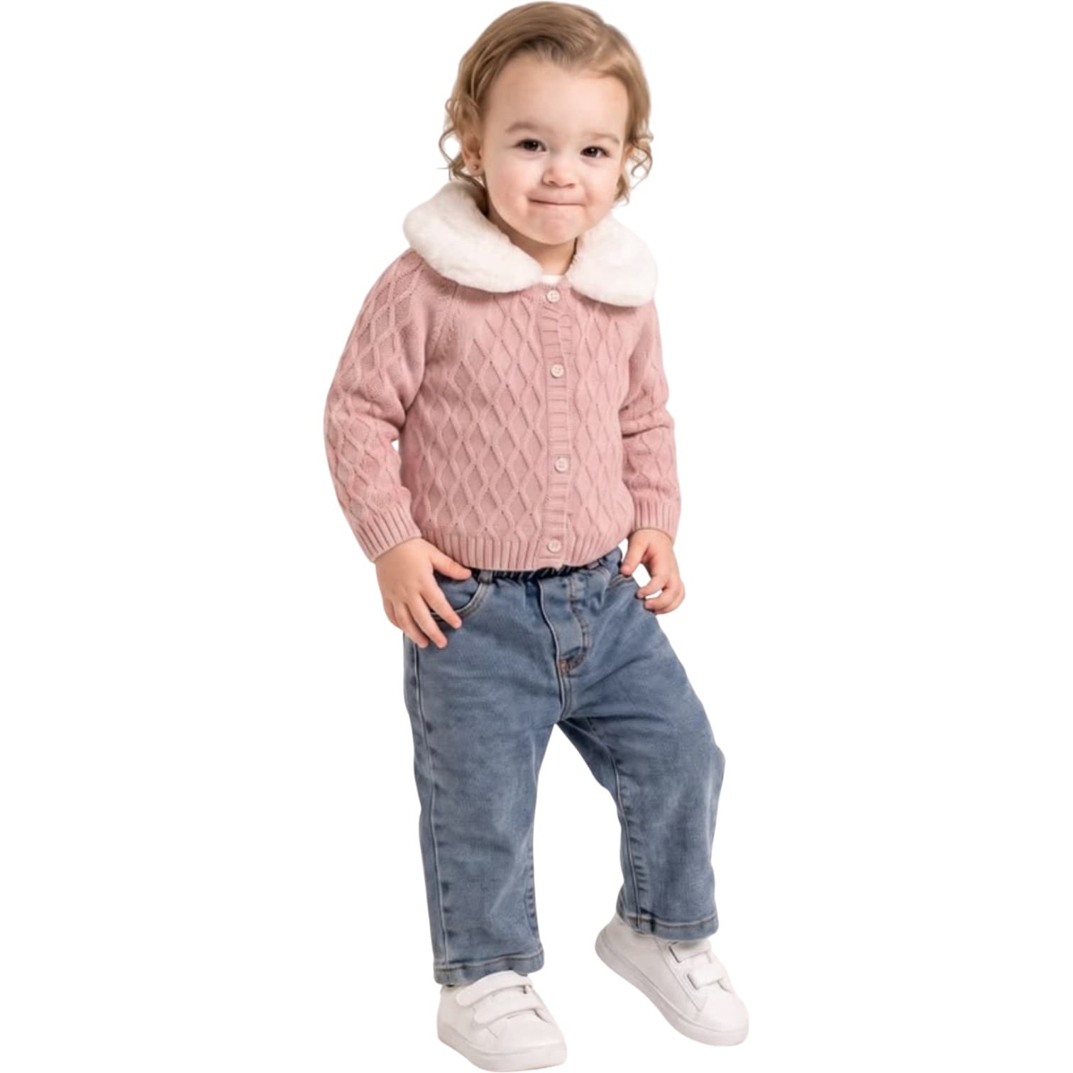 Toptan 9-12-18-24 Aylık Kız Bebe İçin Kürk Yakalı Pembe Hırkalı Kot Pantolonlu 3'lü Takım