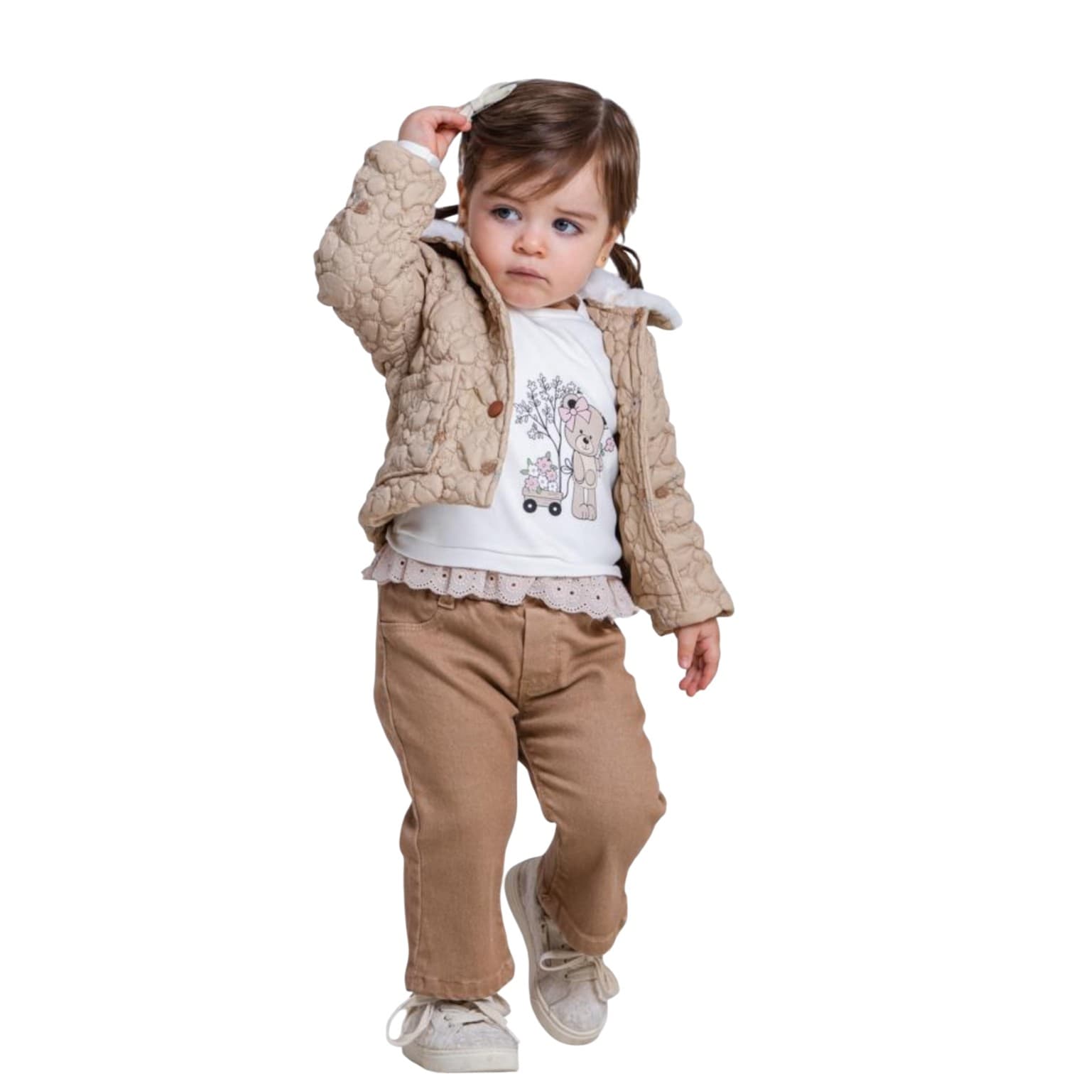 Toptan Kız Bebek Kapitone Ceketli Ayıcık Baskılı 3'lü 9-12-18-24 Aylık Takım