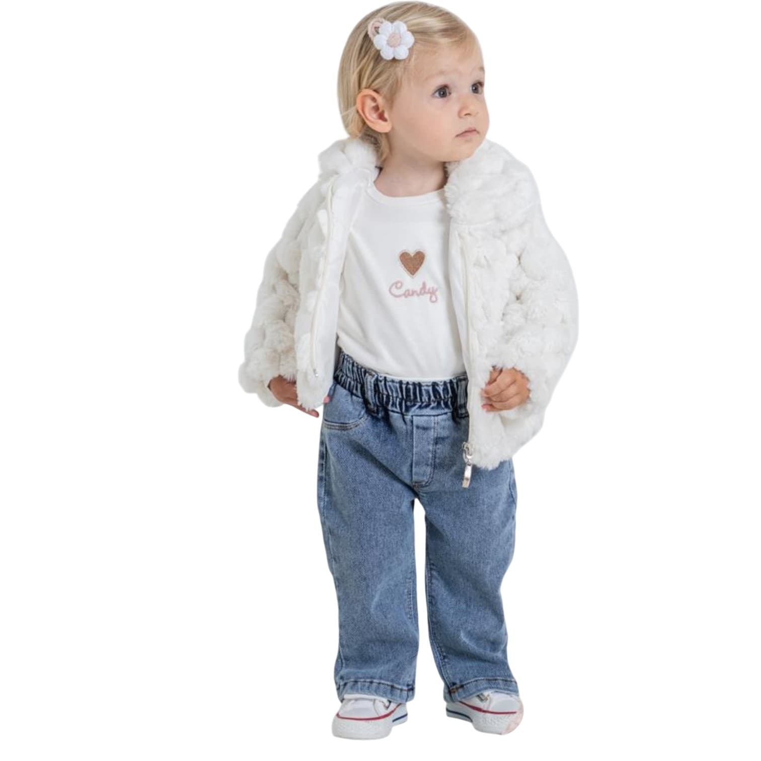 Toptan 2-3-4-5 Yaş Kız Çocuk Kalp Baskılı Peluş Montlu  3'lü Kot Pantolon Takımı