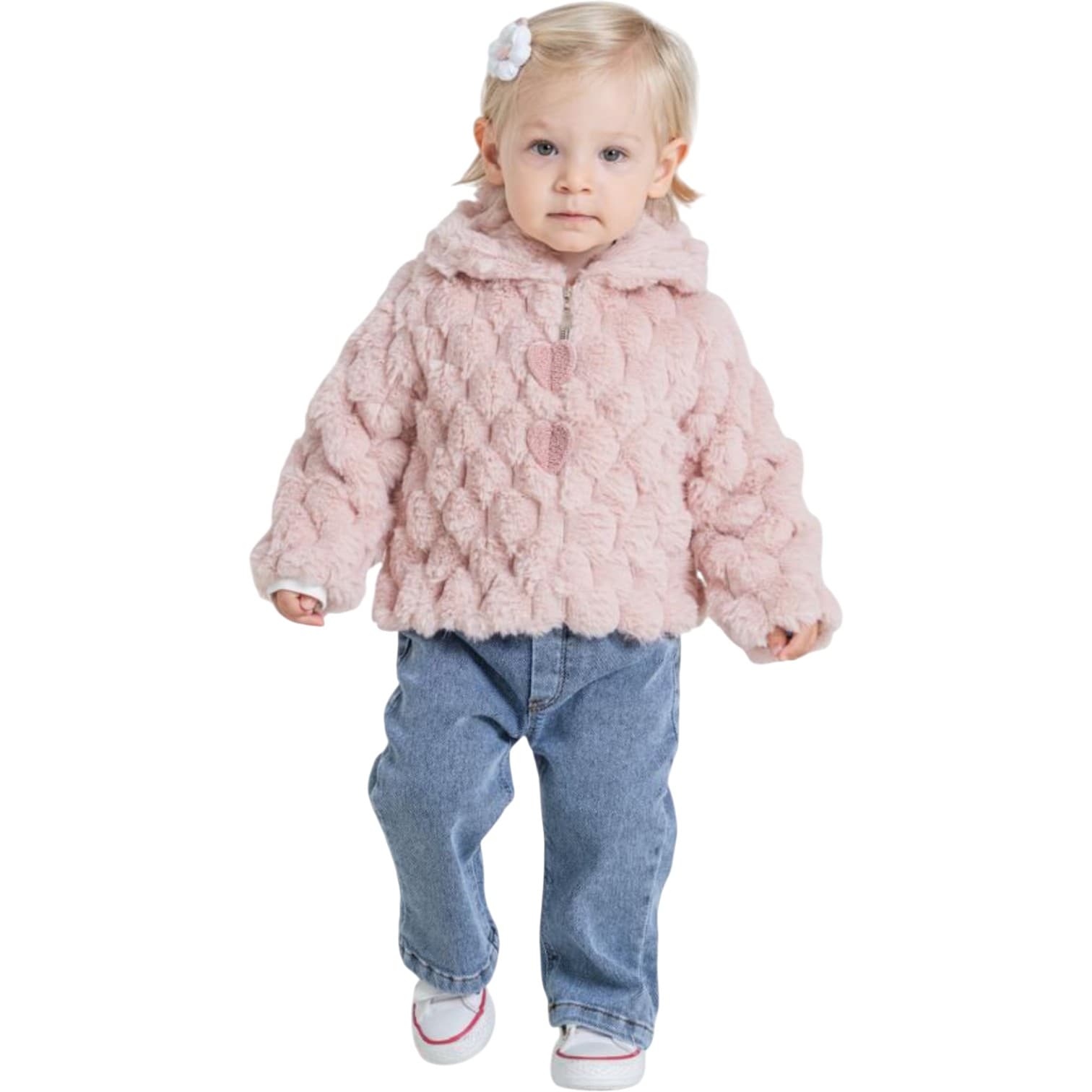 Toptan 9-12-18-24 Aylık Kız Bebek Kalp Baskılı Peluş Montlu ve 3'lü Kot Pantolon Takımı