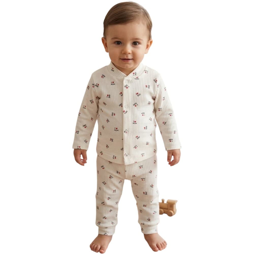 "I Love Mom & Dad" Baskılı Kaşkorse Önden Çıtçıtlı Üst ve Alt 2'li Bebek Pijama Takımı