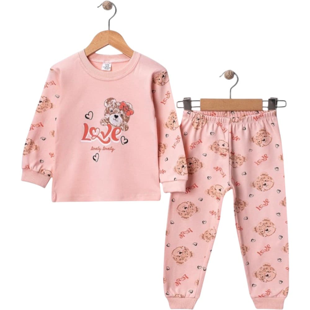 Ayıcık ve Kalp Baskılı Bisiklet Yaka Sweatshirt ve Desenli Eşofman Altlı 2'li Kız Çocuk Pijama Takımı