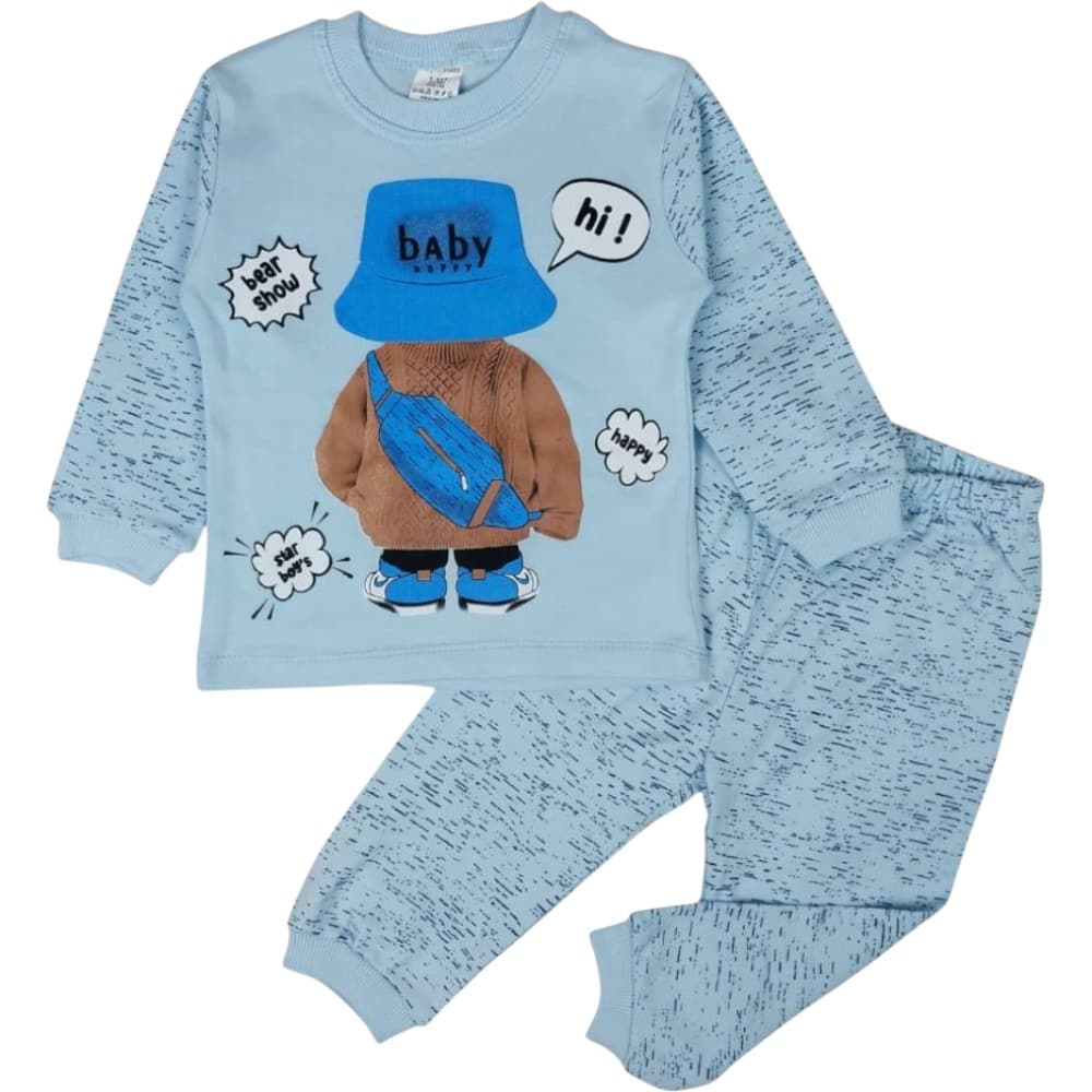 Şapkalı Ayıcık ve Yazı Baskılı kırçıllı Kollu Sweatshirt ve Eşofman Altlı 2'li Bebek Takımı