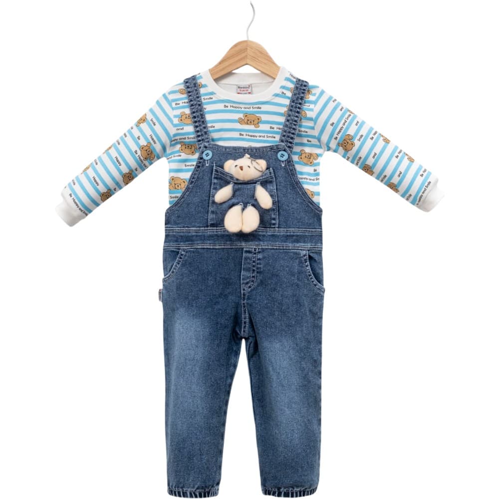 Peluş Ayı Figür Aplikeli Jean Bahçıvan Salopet ve Çizgili Ayıcık Baskılı Sweatshirt 2'li Bebek Takımı