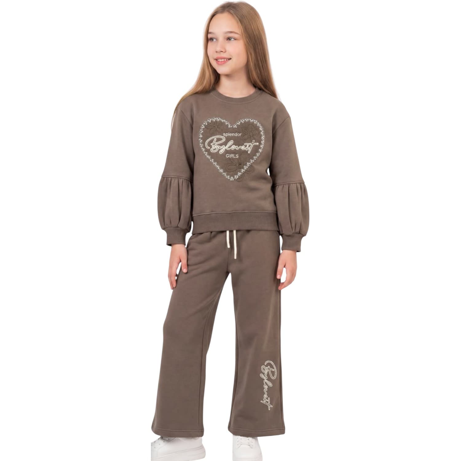 İçi Şardonlu Kalp ve Yazı Baskılı Sweatshirt ile Geniş Paça Eşofman Altı 2'li Kız Çocuk Takım