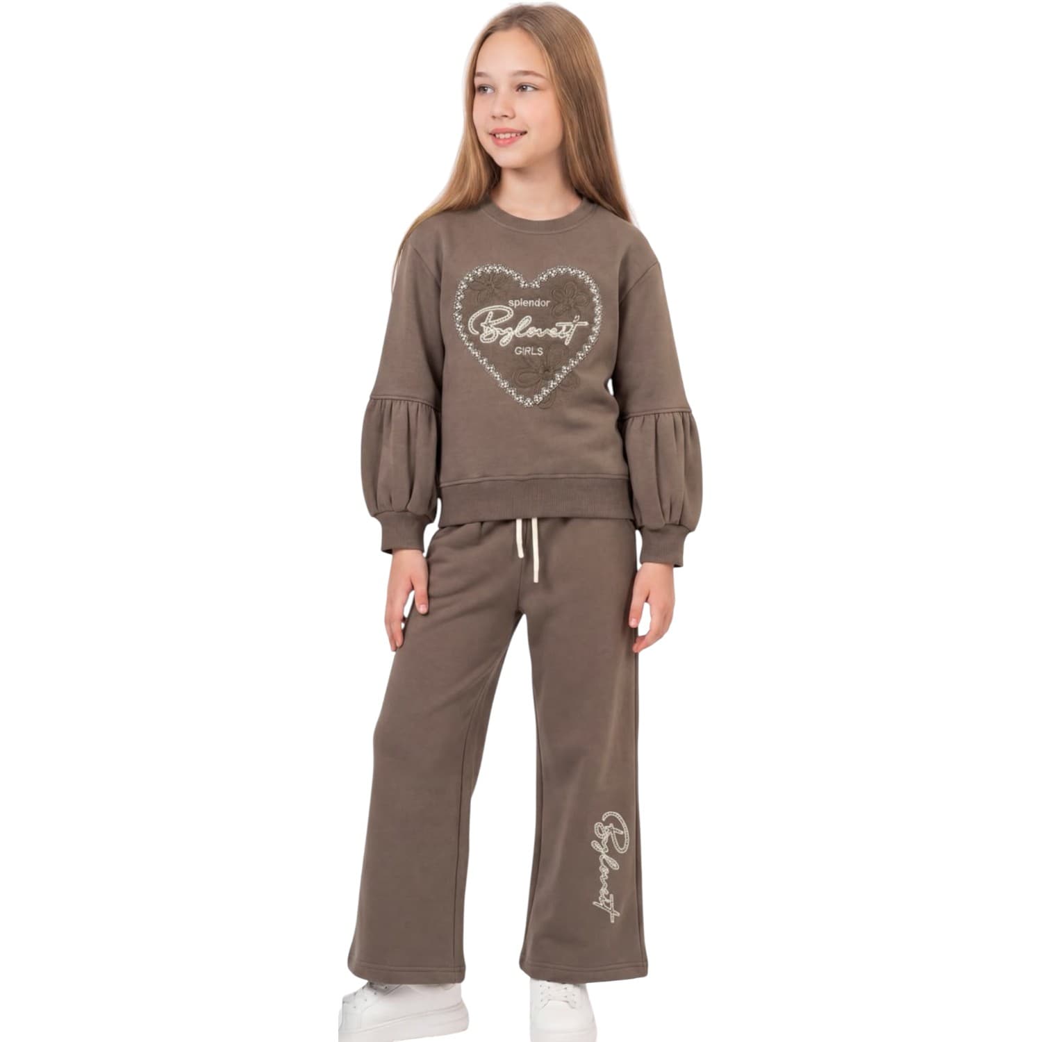 İçi Şardonlu Kalp ve Yazı Baskılı Sweatshirt ile Geniş Paça Eşofman Altı 2'li Kız Çocuk Takım