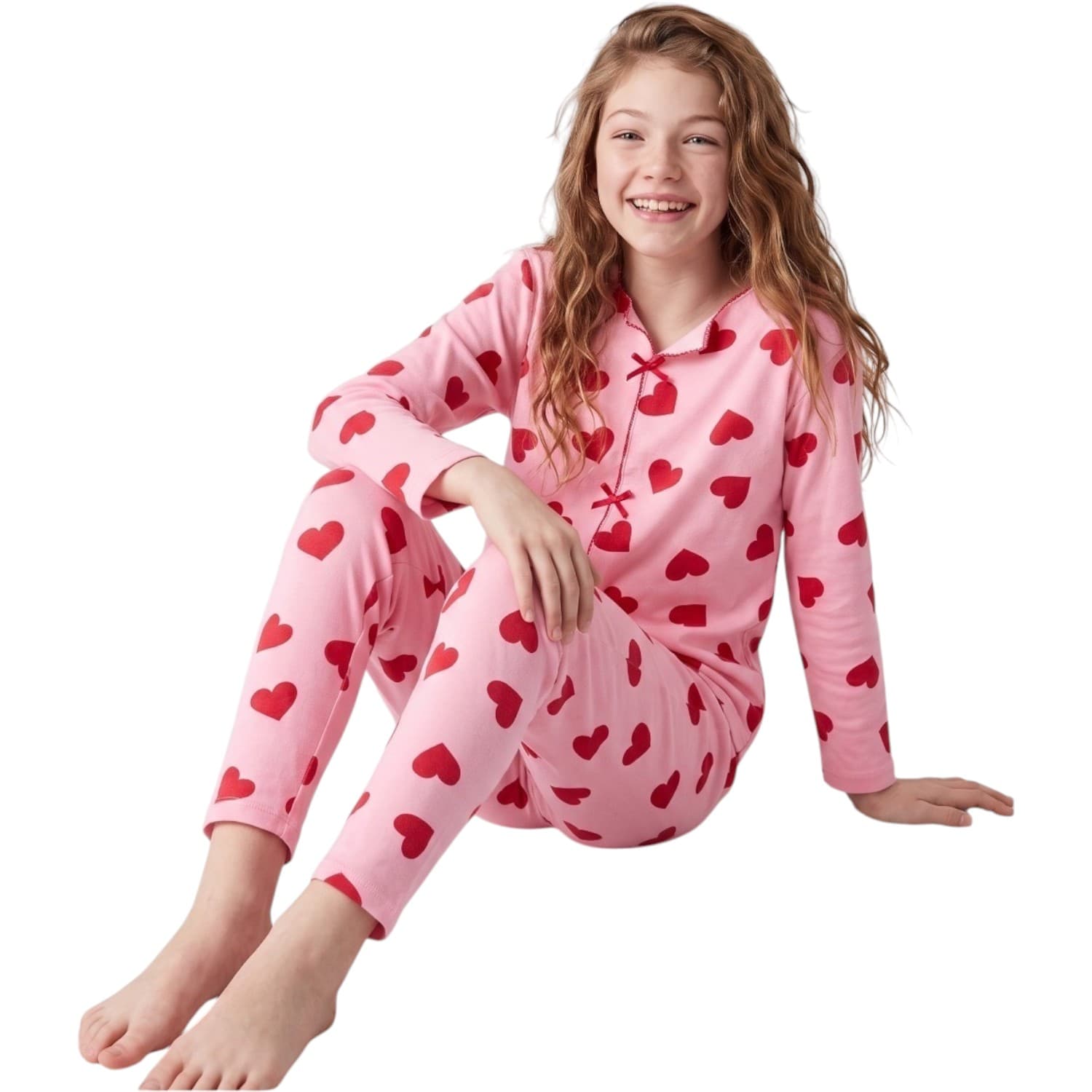 Kalp Baskılı Kurdele Yaka Detaylı Uzun Kollu Pijama Üstü ve Pantolonlu 2'li Kız Çocuk Pijama Takımı