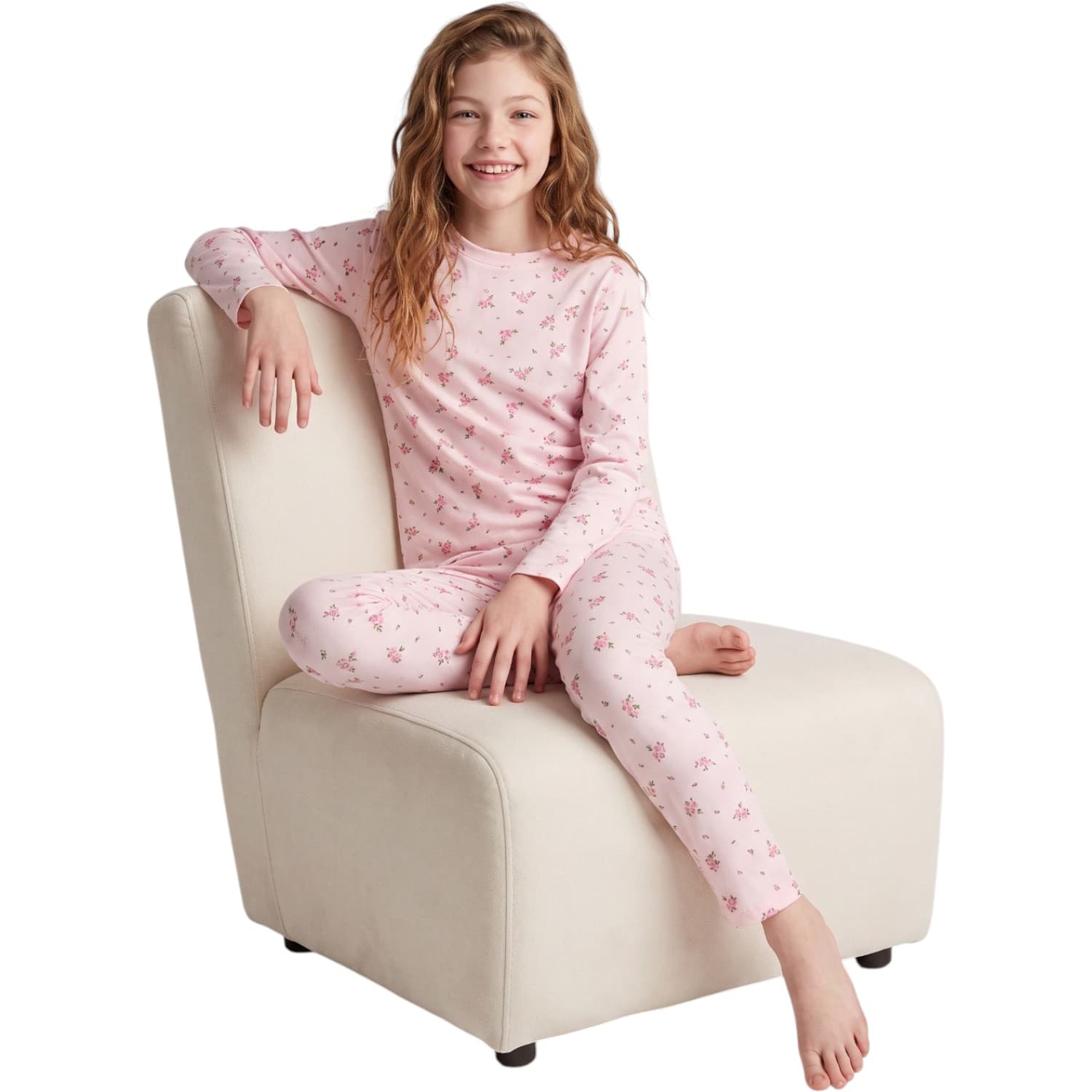 Açık Pembe Minik Çiçek Baskılı Uzun Kollu Pamuklu Kız Çocuk Pijama Takımı