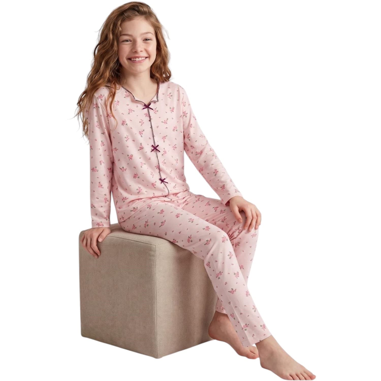 Açık Pembe Çiçek Desenli Fiyonk ve Biye Detaylı Kız Çocuk Pijama Takımı