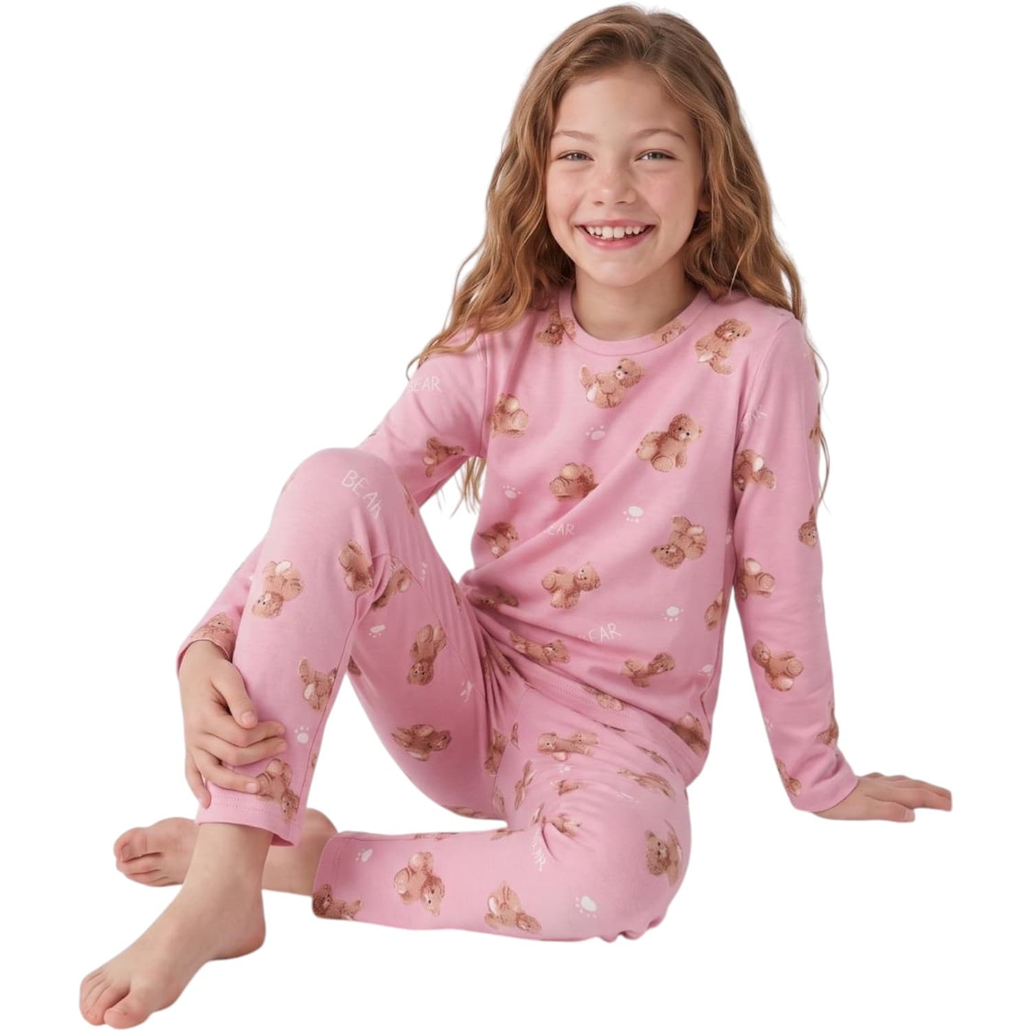 Pembe Ayıcık Baskılı Uzun Kollu Pamuklu Kız Çocuk Pijama Takımı