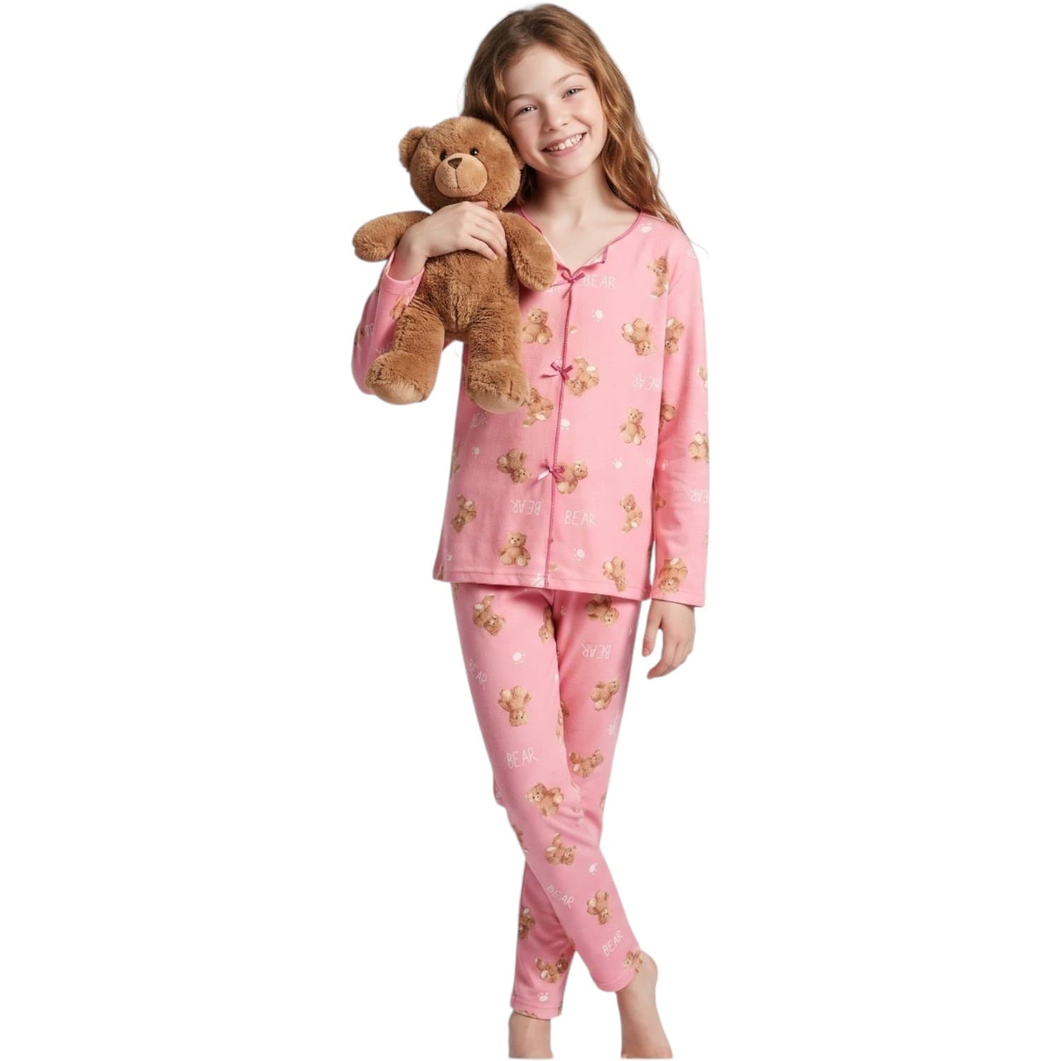 Ayıcık Desenli ve Fiyonk Detaylı Kız Çocuk Pijama Takımı