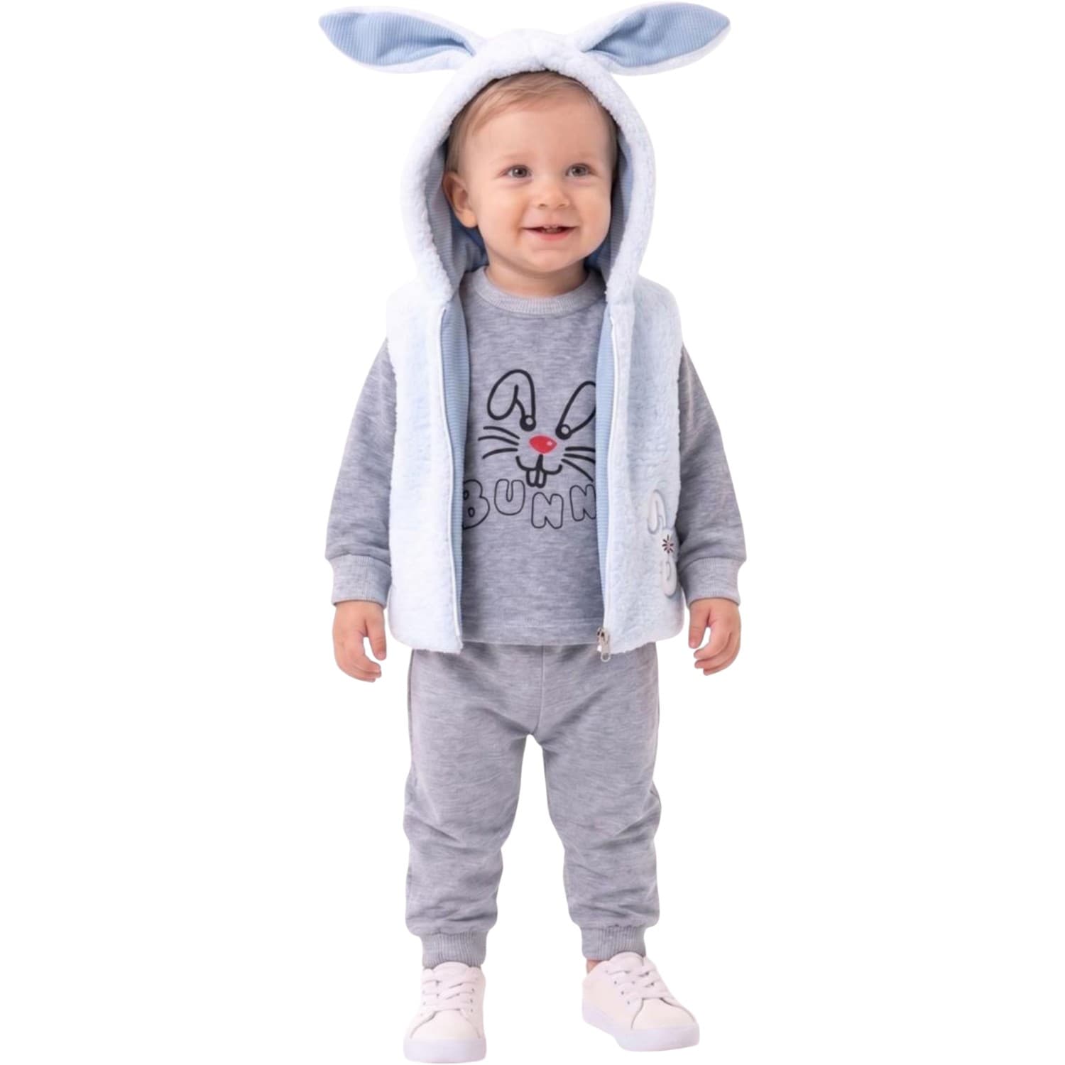 Tavşan Kulaklı Kapüşonlu Peluş Yelekli 3'lü Bebek Eşofman Takımı