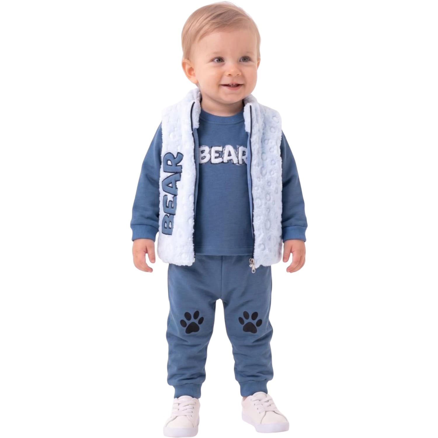Kürklü Yelekli Bear Yazılı ve Pati Baskılı 3'lü Bebek Eşofman Takımı