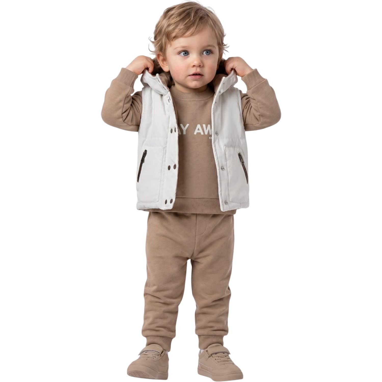 Kapüşonlu Şişme Yelekli ve Sweatshirtlü Erkek Çocuk Üçlü Takım