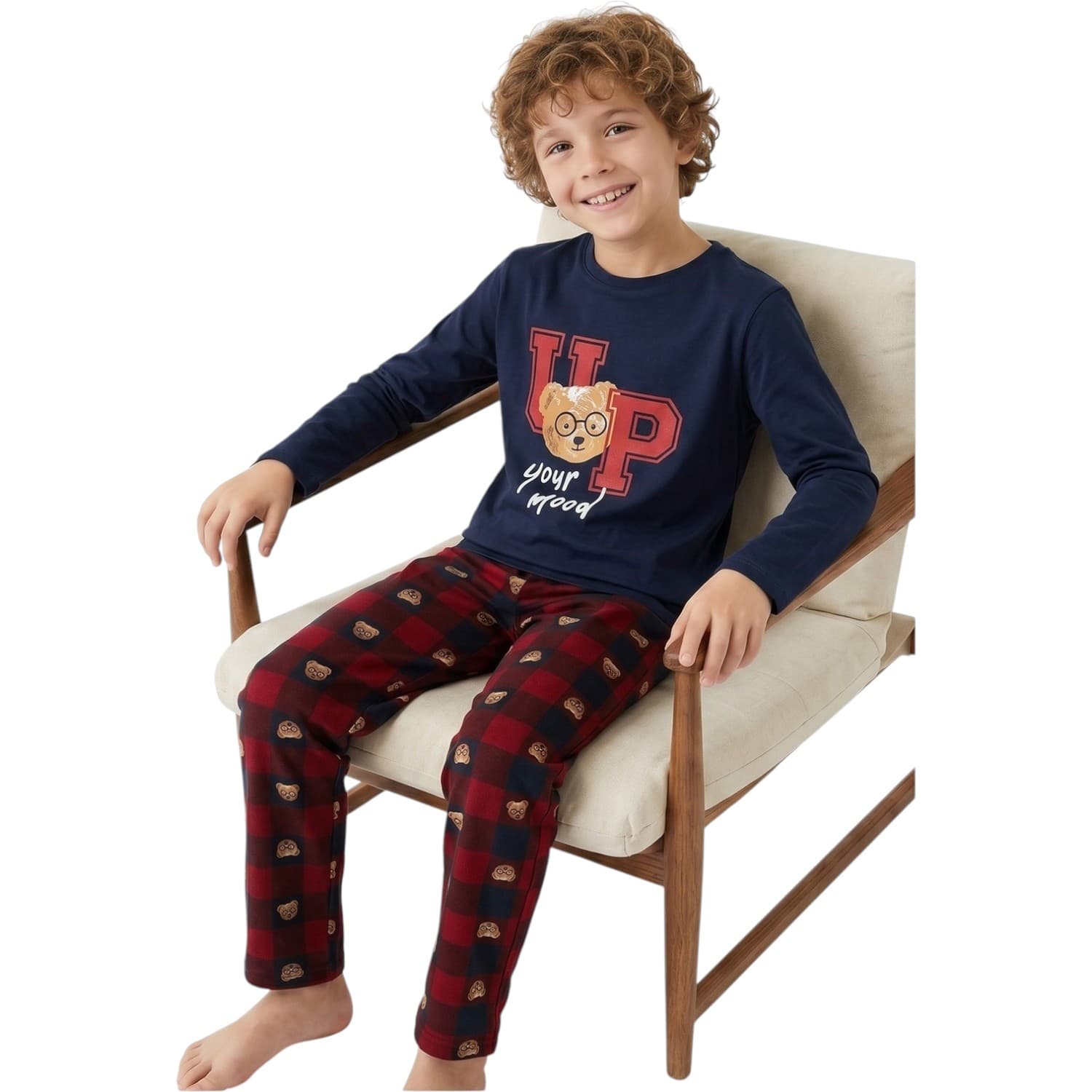 Lacivert Ayıcık Baskılı ve Kırmızı Ekose Pantolonlu Erkek Çocuk Pijama Takımı