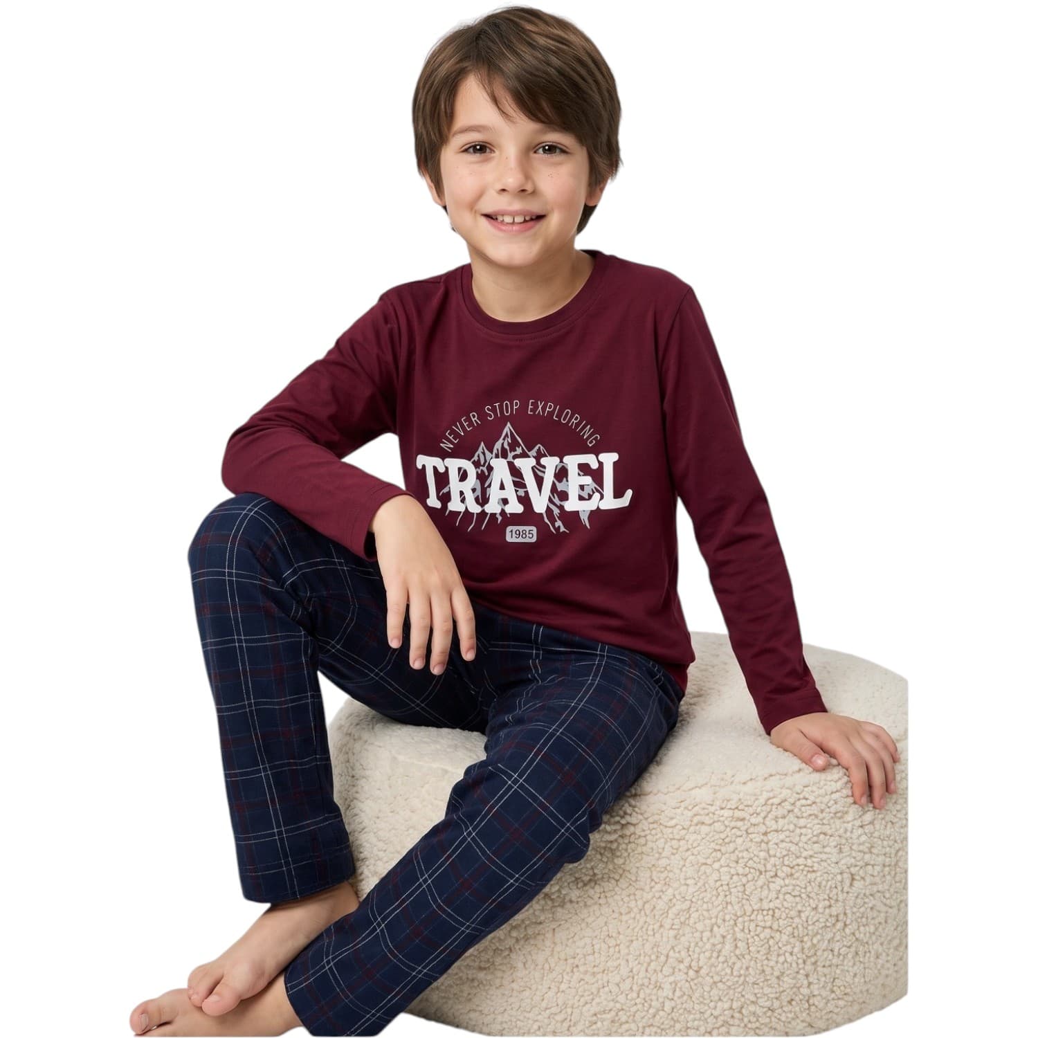 Bordo Travel Baskılı ve Lacivert Ekose Pantolonlu Erkek Çocuk Pijama Takımı