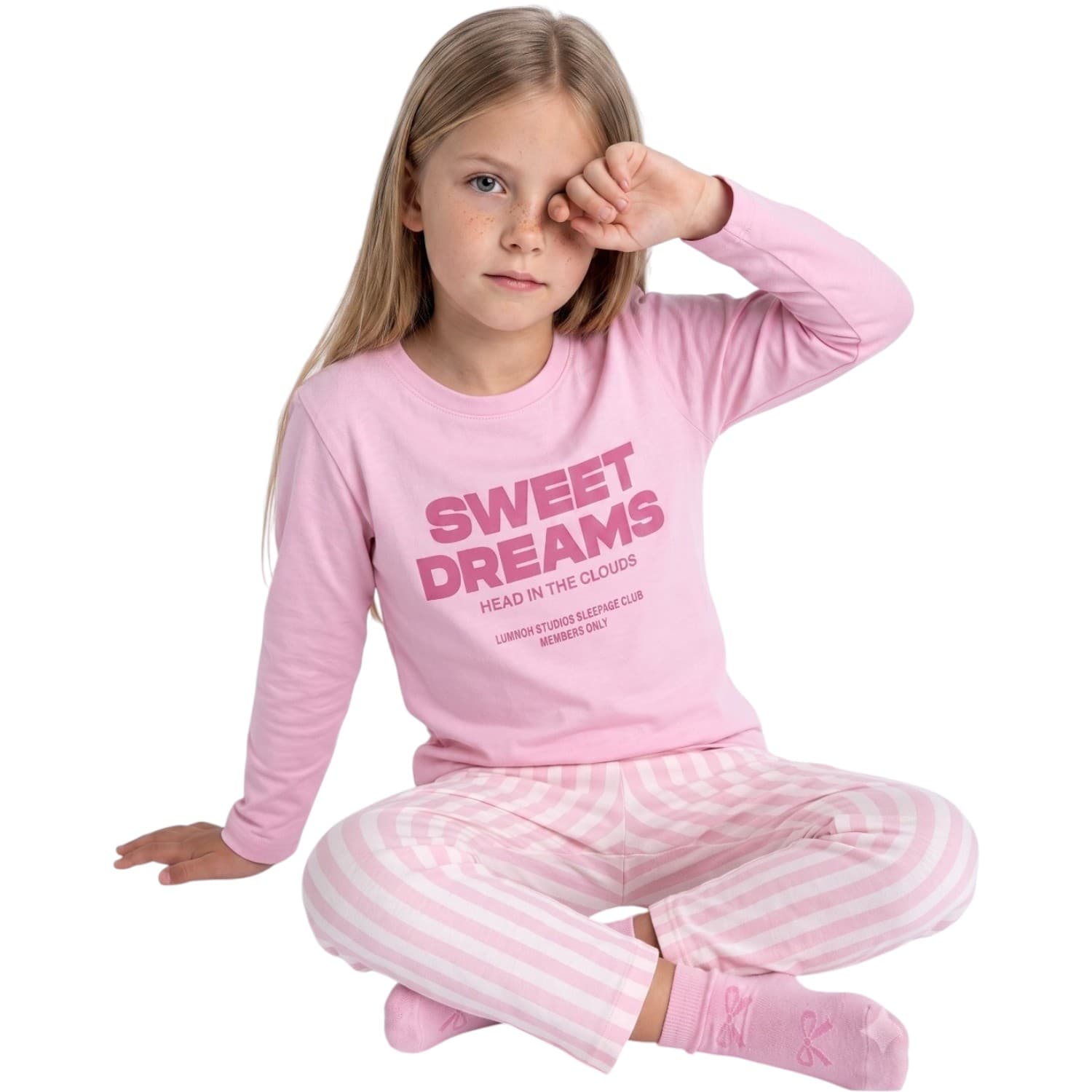 Pembe Sweet Dreams Baskılı ve Çizgili Kız Çocuk Pijama Takımı