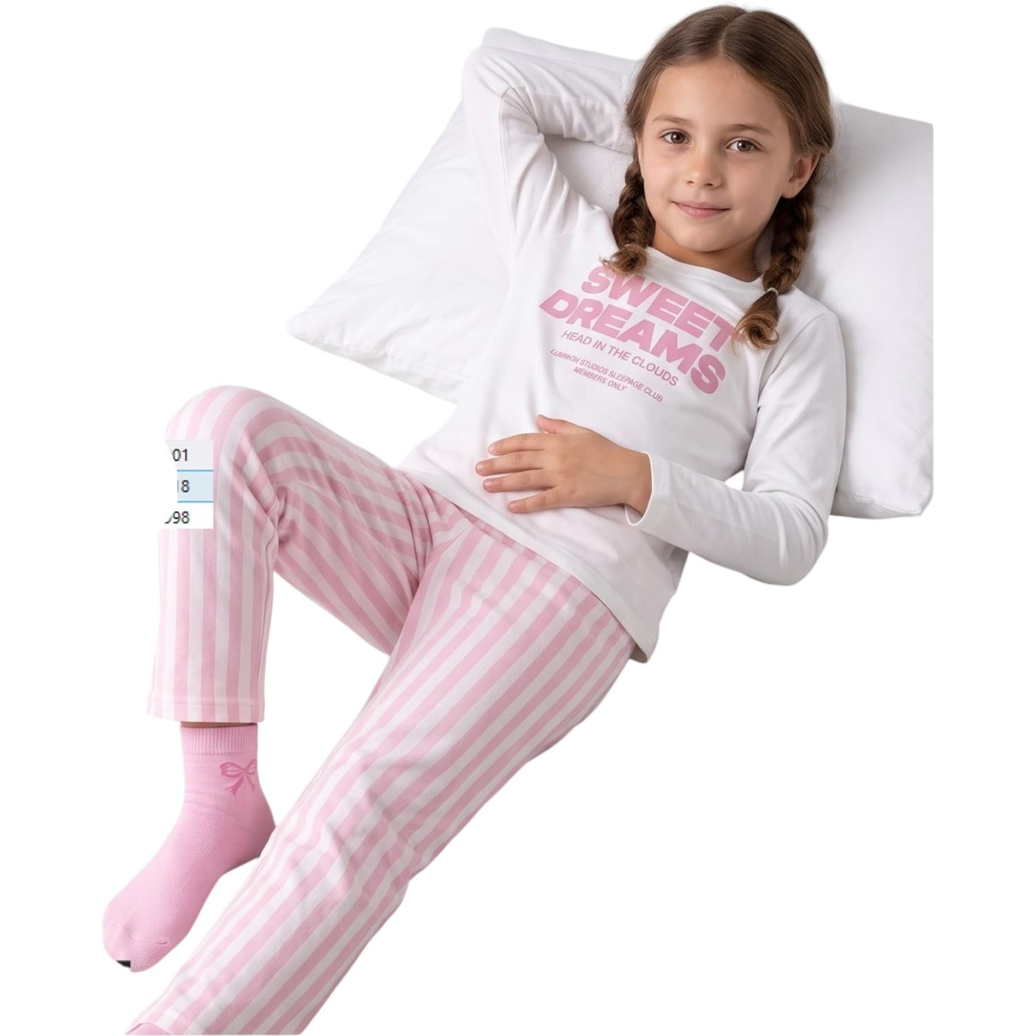 Beyaz Sweet Dreams Baskılı ve Pembe Çizgili Kız Çocuk Pijama Takımı