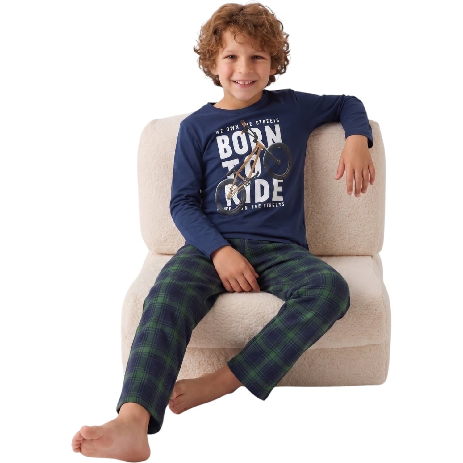 Lacivert Born to Ride Baskılı ve Yeşil Ekose Pantolonlu Erkek Çocuk Pijama Takımı