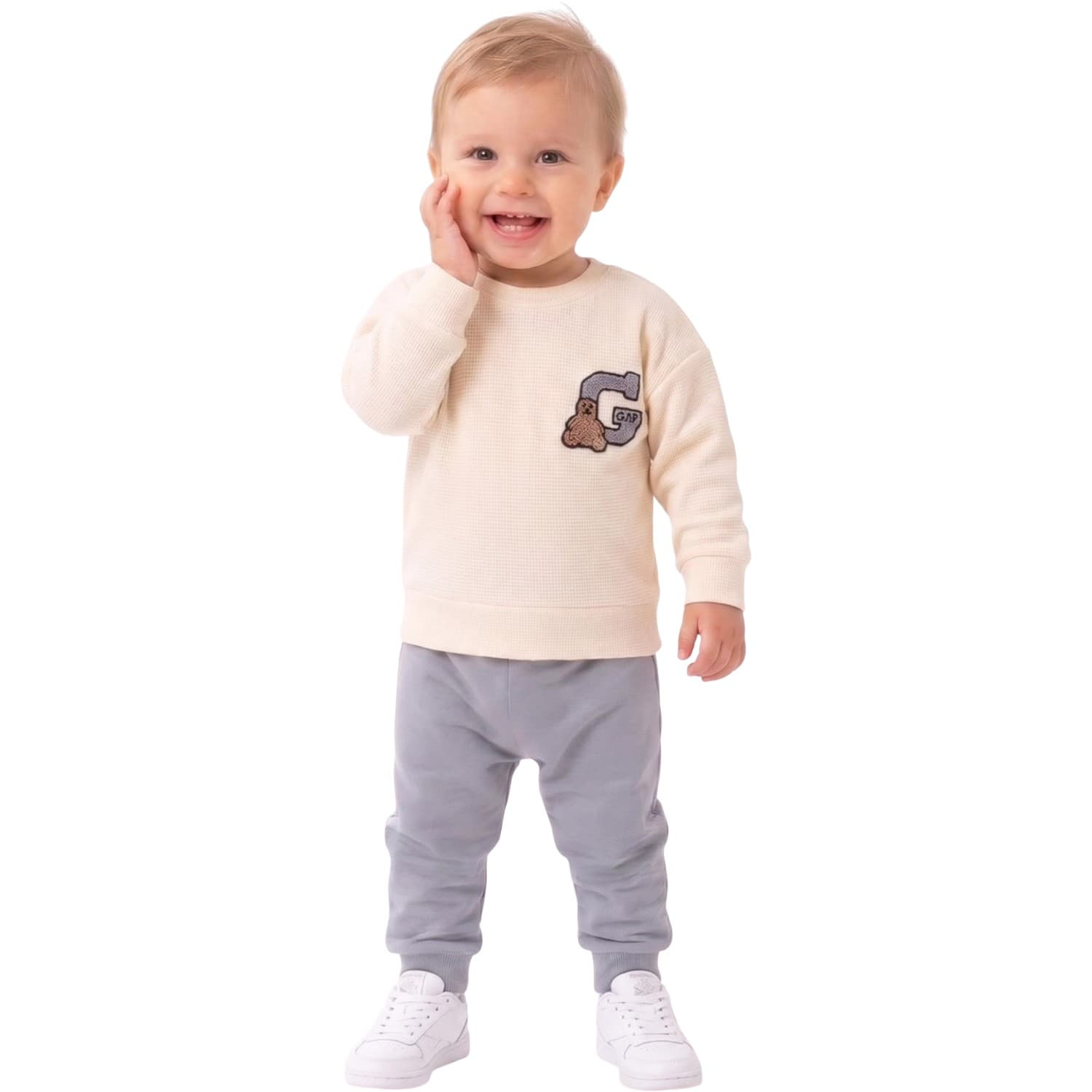 Erkek Çocuk Harf ve Ayıcık Aplike Detaylı Bisiklet Yaka Sweatshirt ve Alt Eşofmanlı 2'li Eşofman Takımı
