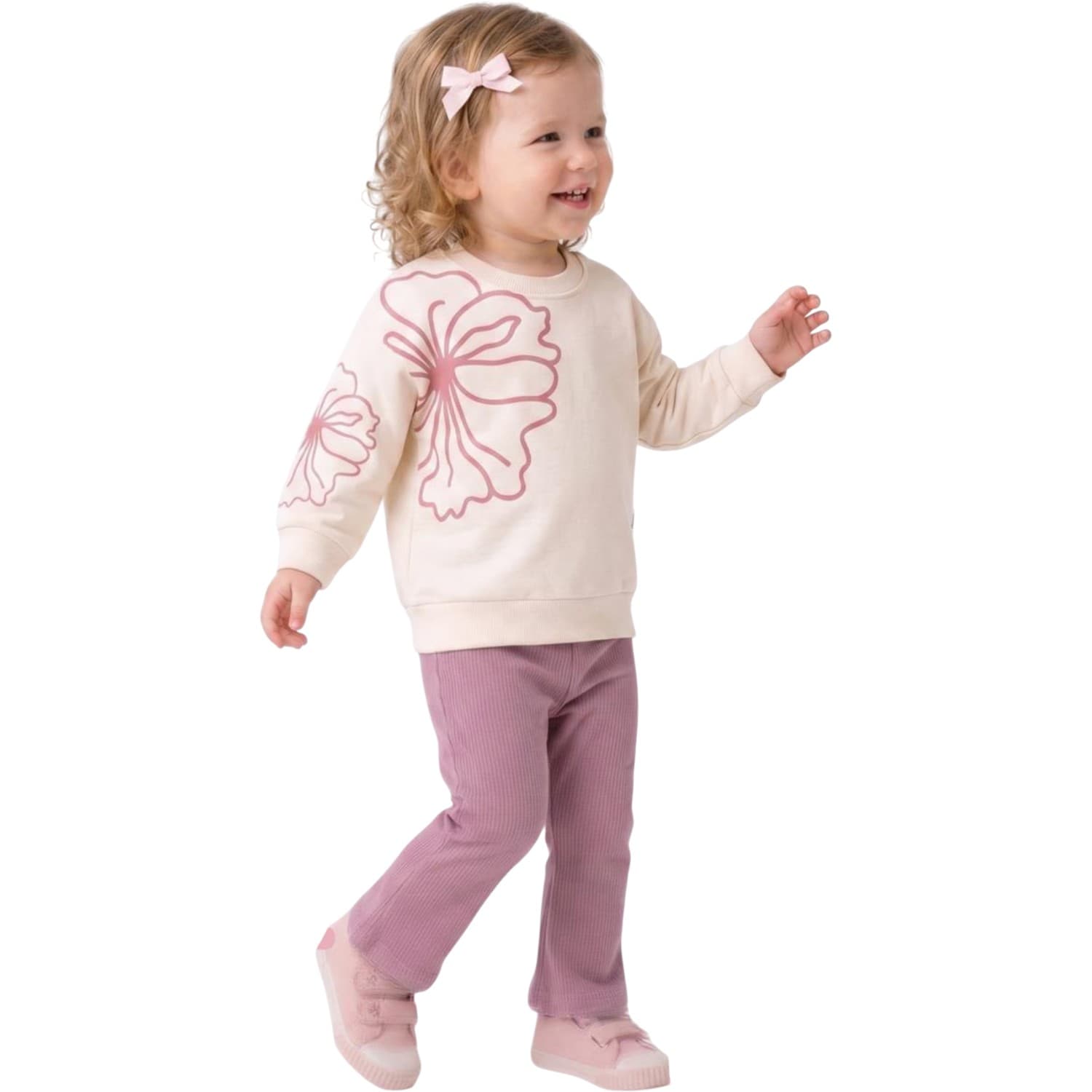 Kız Çocuk Çiçek Çizim Baskılı Bisiklet Yaka Sweatshirt ve Fitilli İspanyol Paça Pantolonlu 2'li Takım