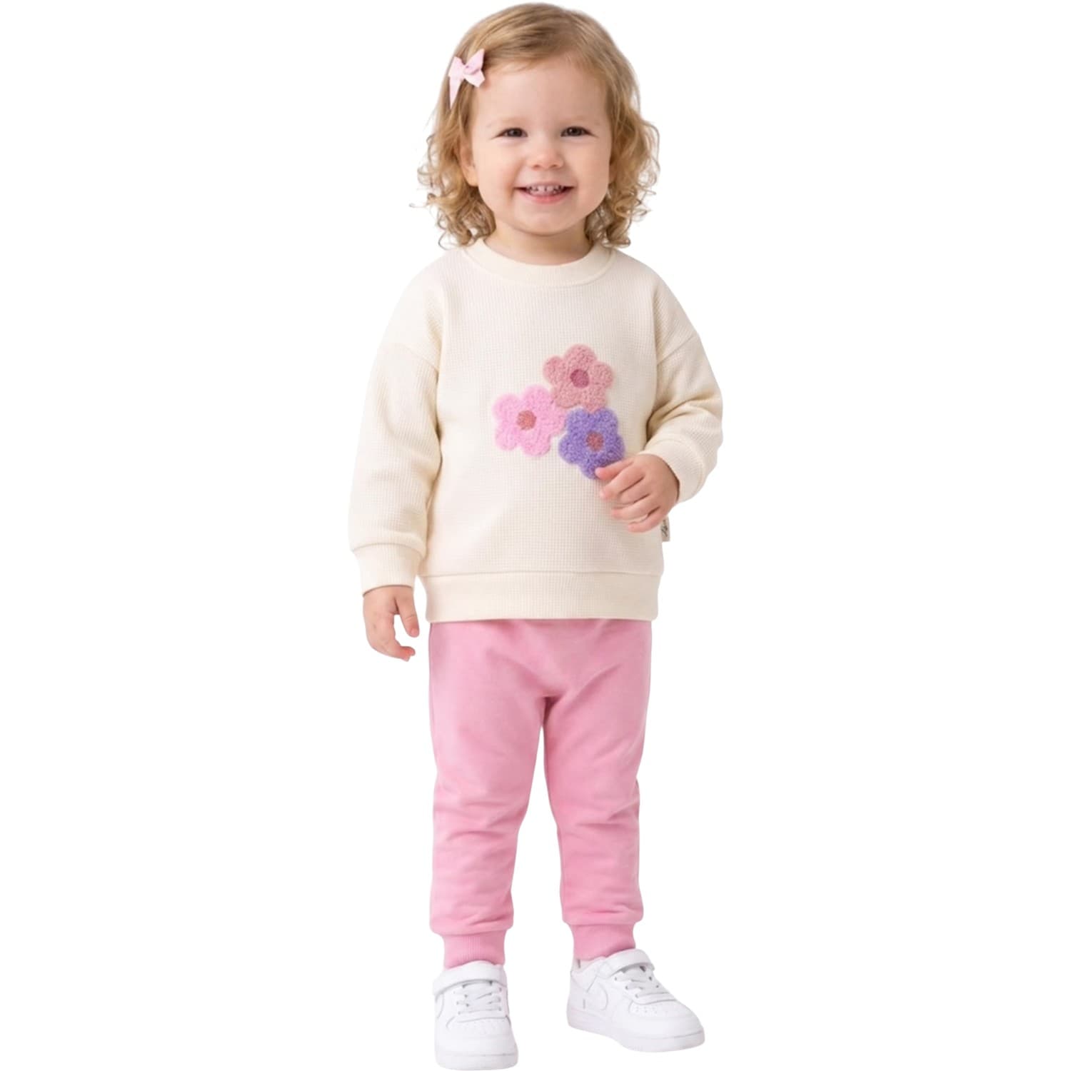 Kız Çocuk Çiçek Aplike Detaylı Bisiklet Yaka Sweatshirt ve Alt Eşofmanlı 2'li Eşofman Takımı