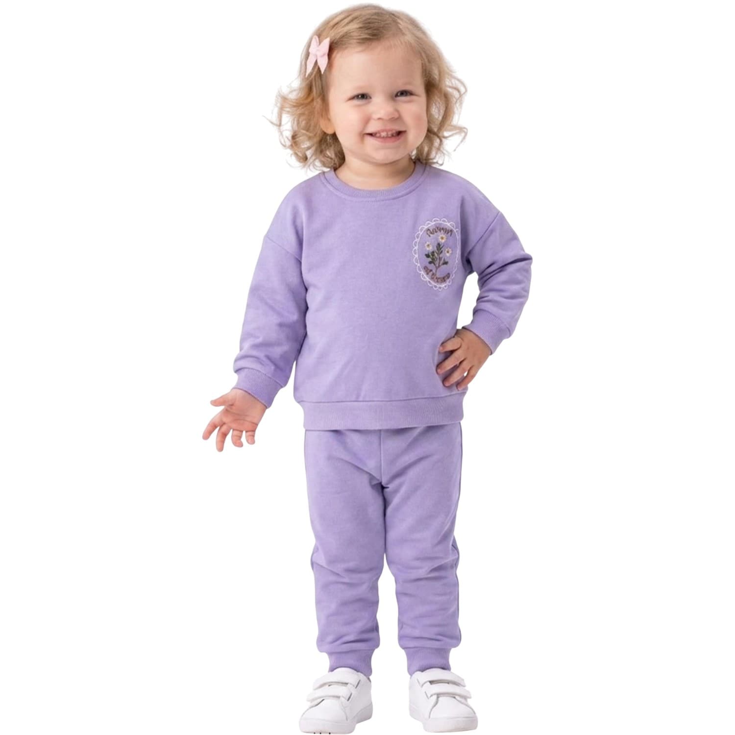 Kız Çocuk Çiçek Nakış Detaylı Bisiklet Yaka Sweatshirt ve Alt Eşofmanlı 2'li Eşofman Takımı