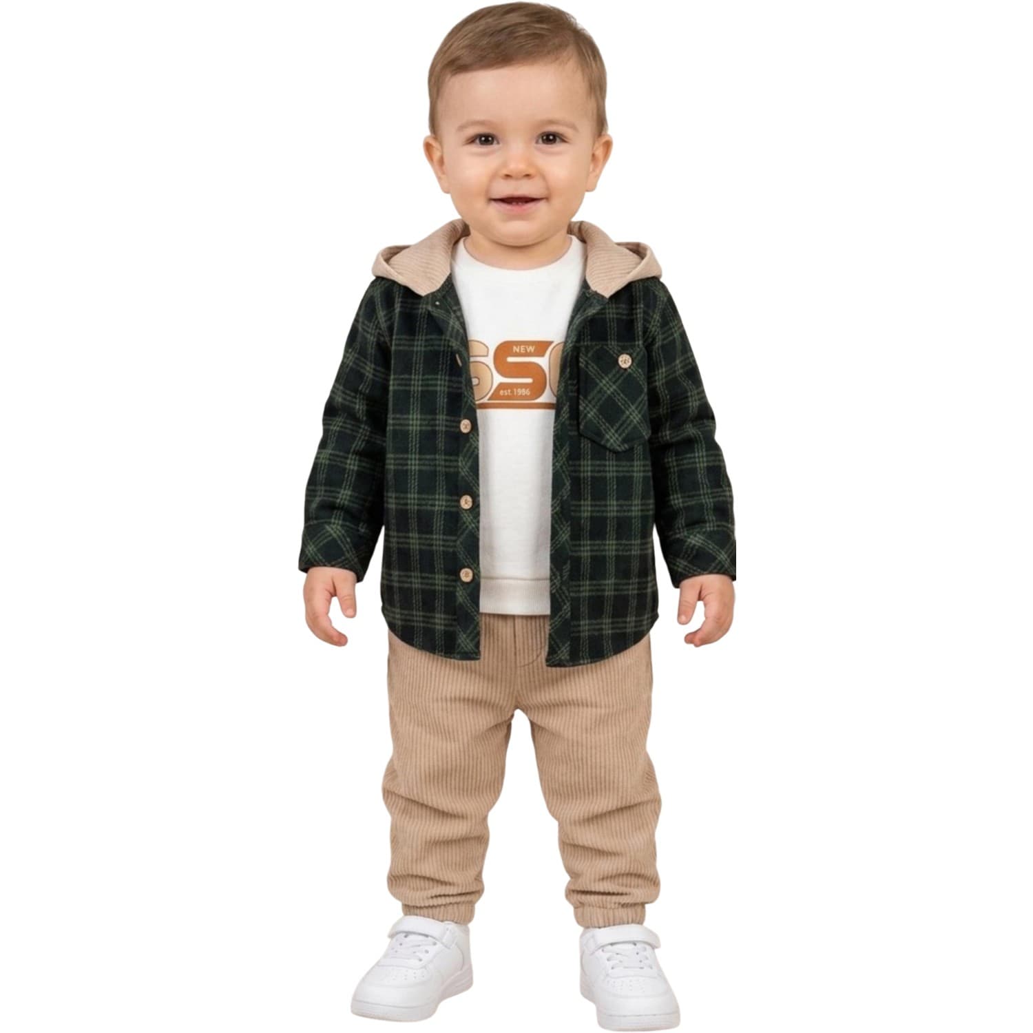 Erkek Bebek Kapüşonlu Ekose Gömlek Ceketli, Baskılı Sweatshirt ve Fitilli Kadife Pantolonlu 3'lü Takım