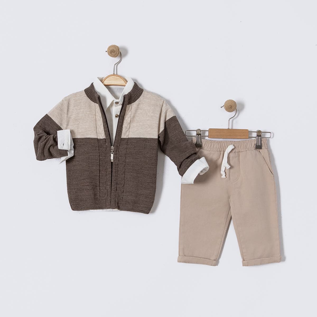 Fermuarlı  Triko Hırkalı, Gömlekli ve Beli Bağcıklı Pantolonlu 3'lü Erkek Bebek/Çocuk Takım