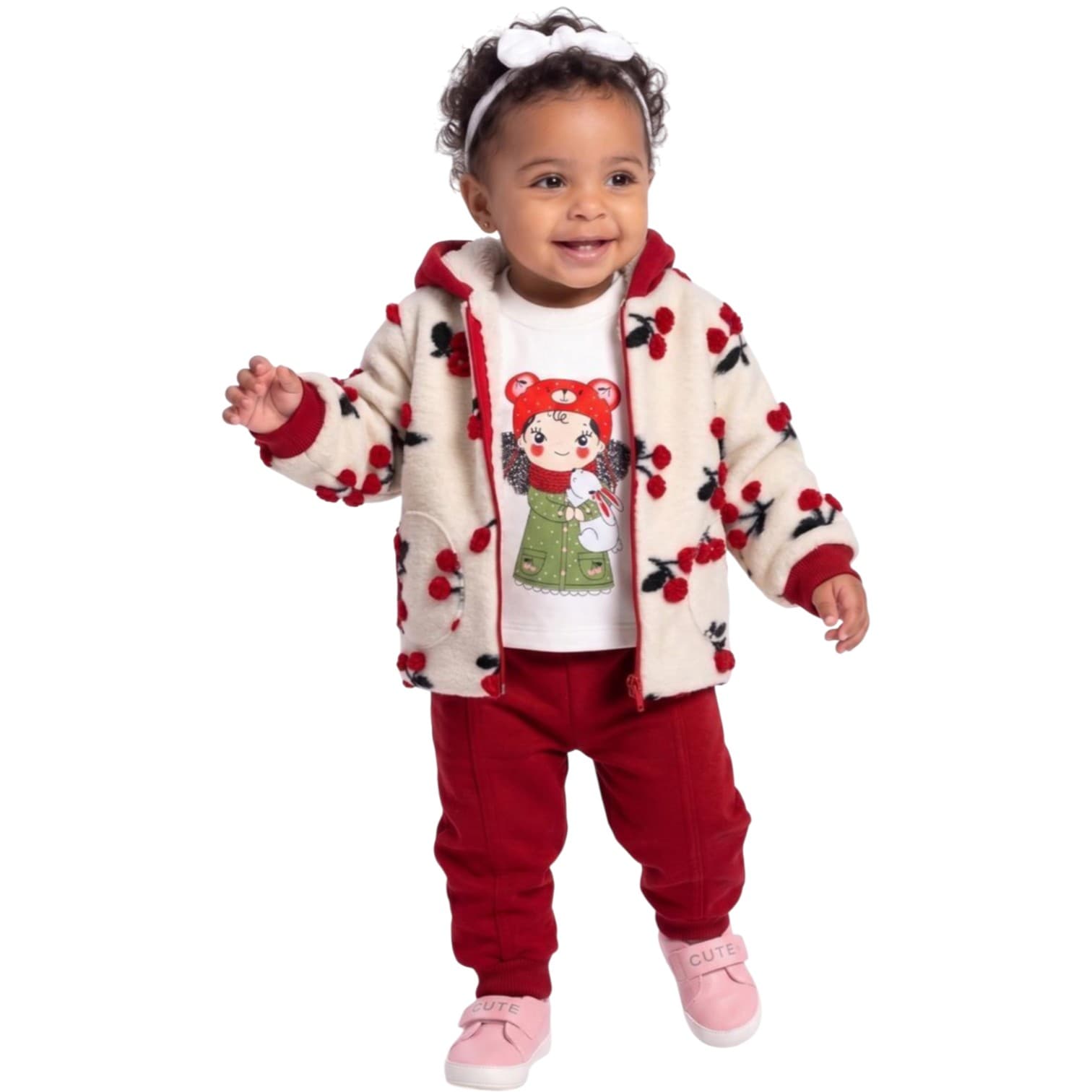 Kiraz Desenli Peluş Kapüşonlu Ceketli, Kız Figür Baskılı Sweatshirt ve Eşofman Altlı 3'lü Kız Bebek Takım