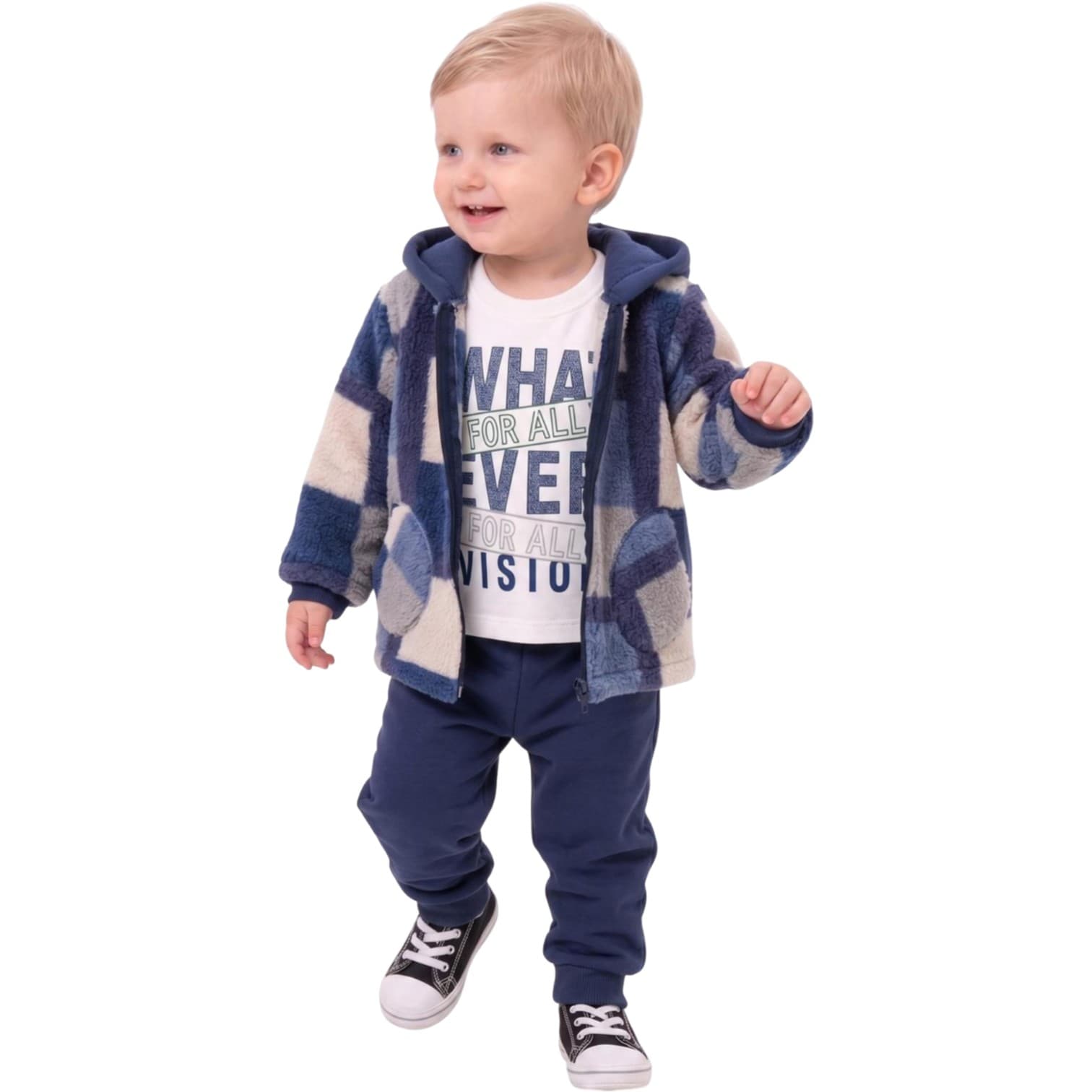 Damalı Peluş Kapüşonlu Ceketli, Baskılı Sweatshirt ve Eşofman Altlı 3'lü Erkek Bebek Takım