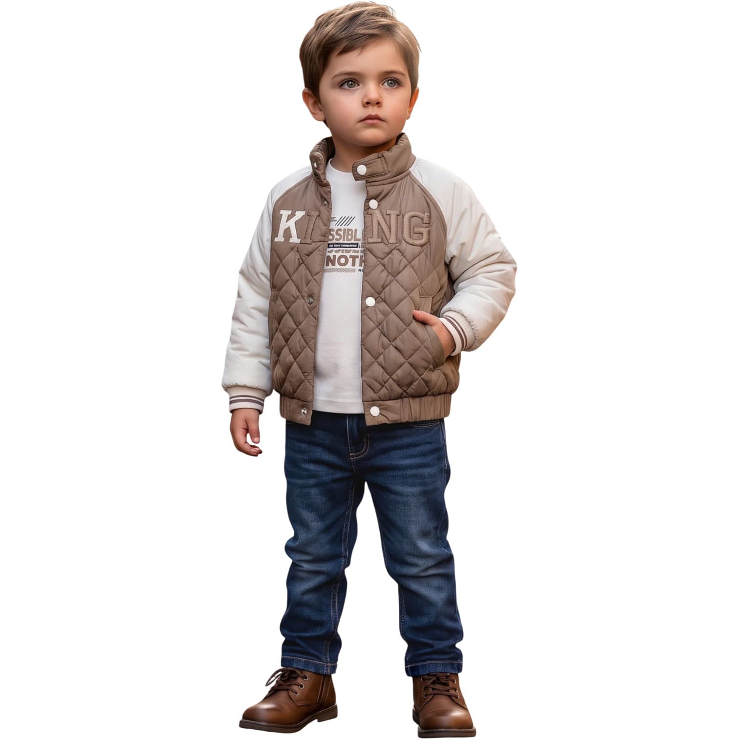 Erkek Çocuk Kapitone Baklava Dikişli Dik Yaka Ceketli, Tipografi Baskılı Sweatshirt ve Kot Pantolonlu 3'lü Takım