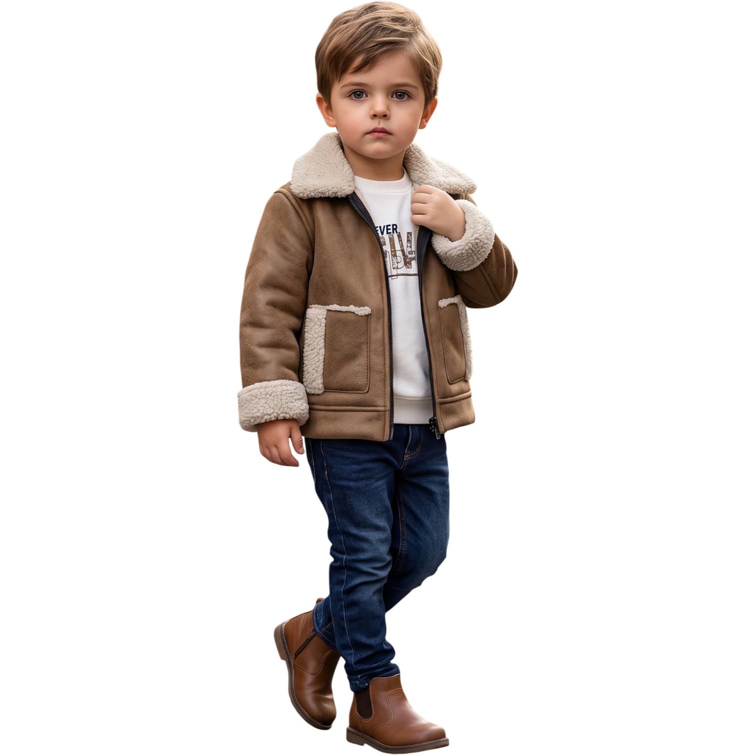 Erkek Çocuk Kürklü Yakalı Süet Ceketli, Tipografi Baskılı Sweatshirt ve Kot Pantolonlu 3'lü Takım
