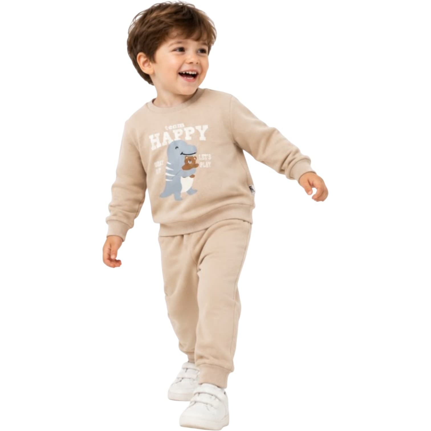 Erkek Çocuk Dinozor ve Ayıcık Baskılı "Happy" İkili Eşofman Takımı