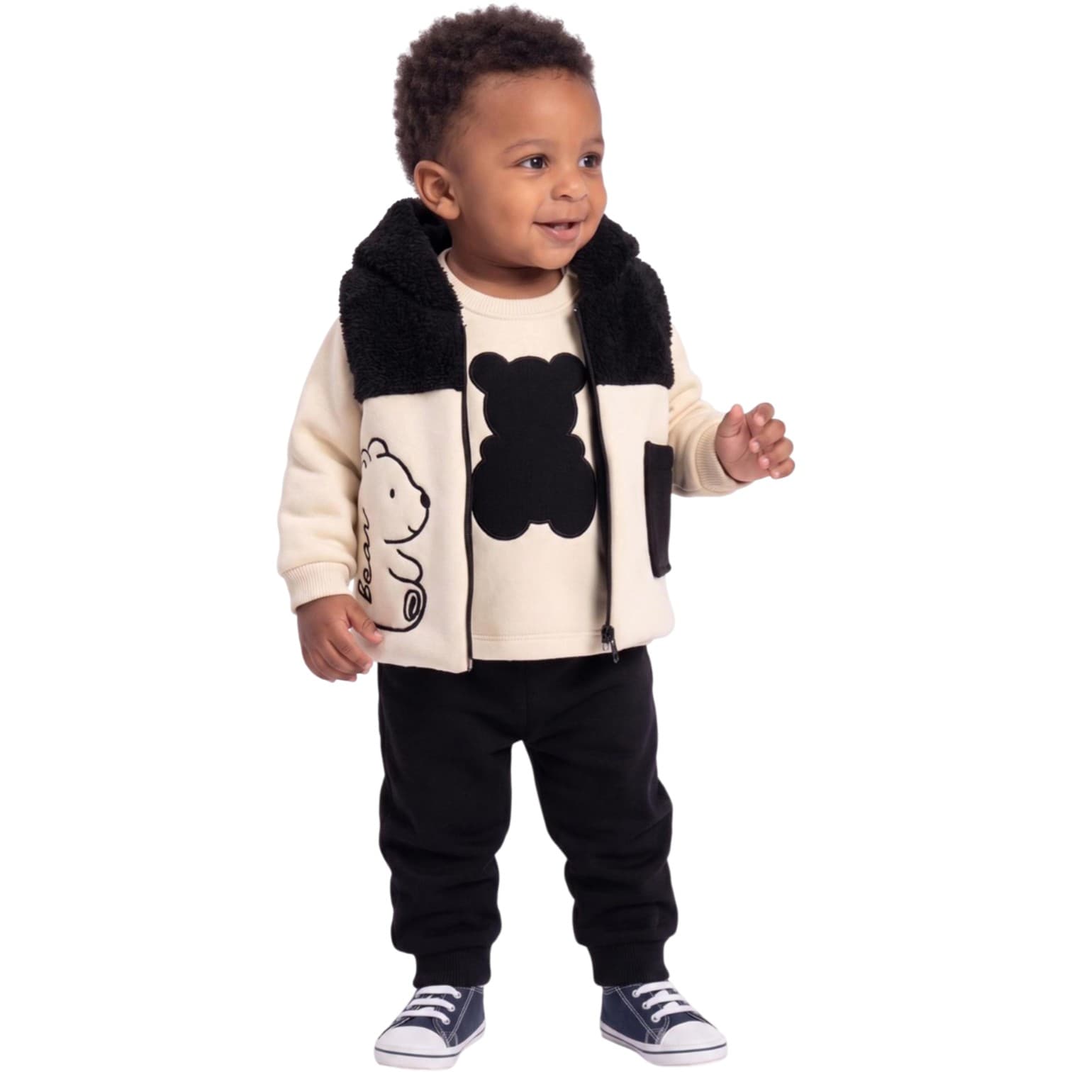 Ayıcık Applikeli Peluş Kapüşonlu Yelekli, Sweatshirt ve Eşofman Altlı 3'lü Erkek Bebek Takım