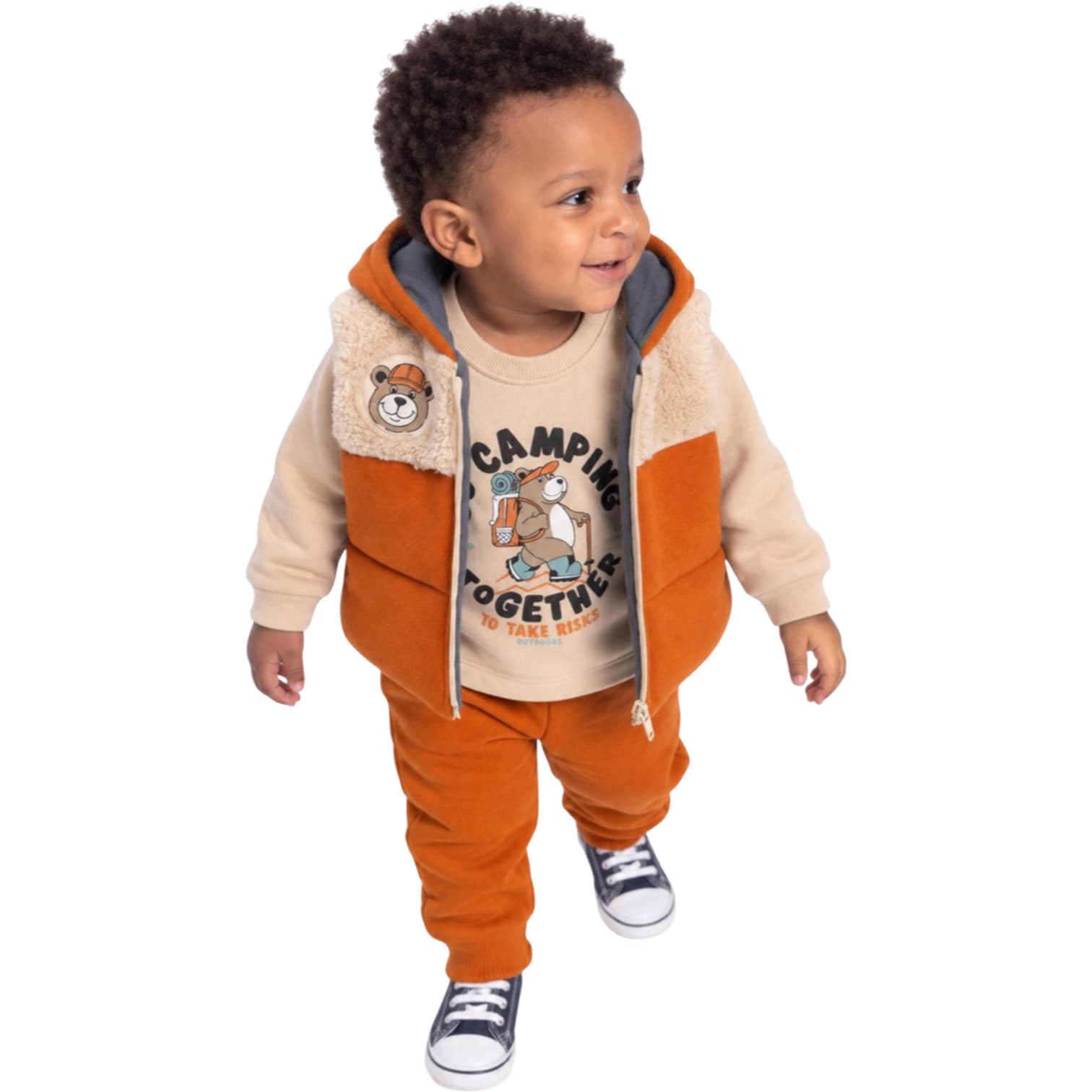 Ayıcık Figürlü Peluş Detaylı Kapüşonlu Yelekli, Sweatshirt ve Eşofman Altlı 3'lü Erkek Bebek Takım